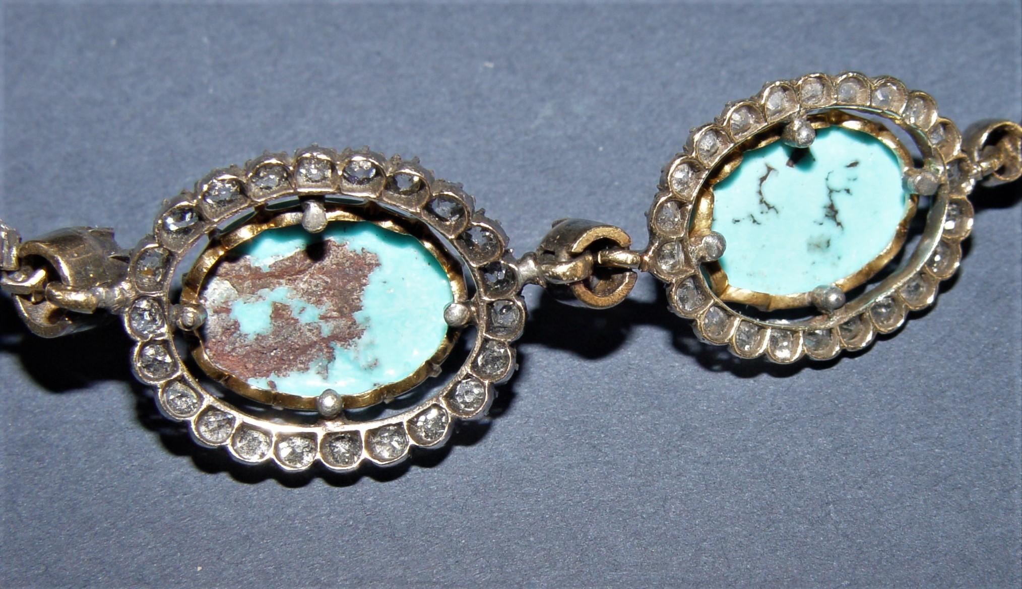 Victorian Old mine cut Diamond and Persian Turquoise Necklace Silver/18K gold For Sale 6