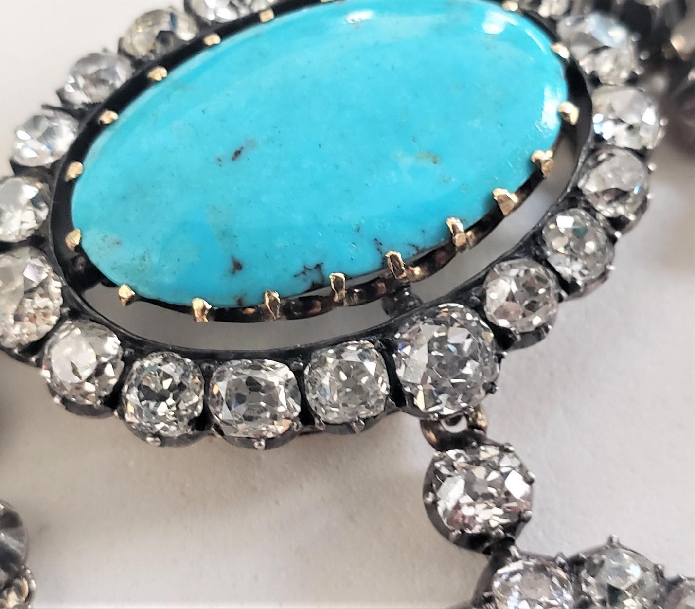 Victorian Old mine cut Diamond and Persian Turquoise Necklace Silver/18K gold For Sale 8