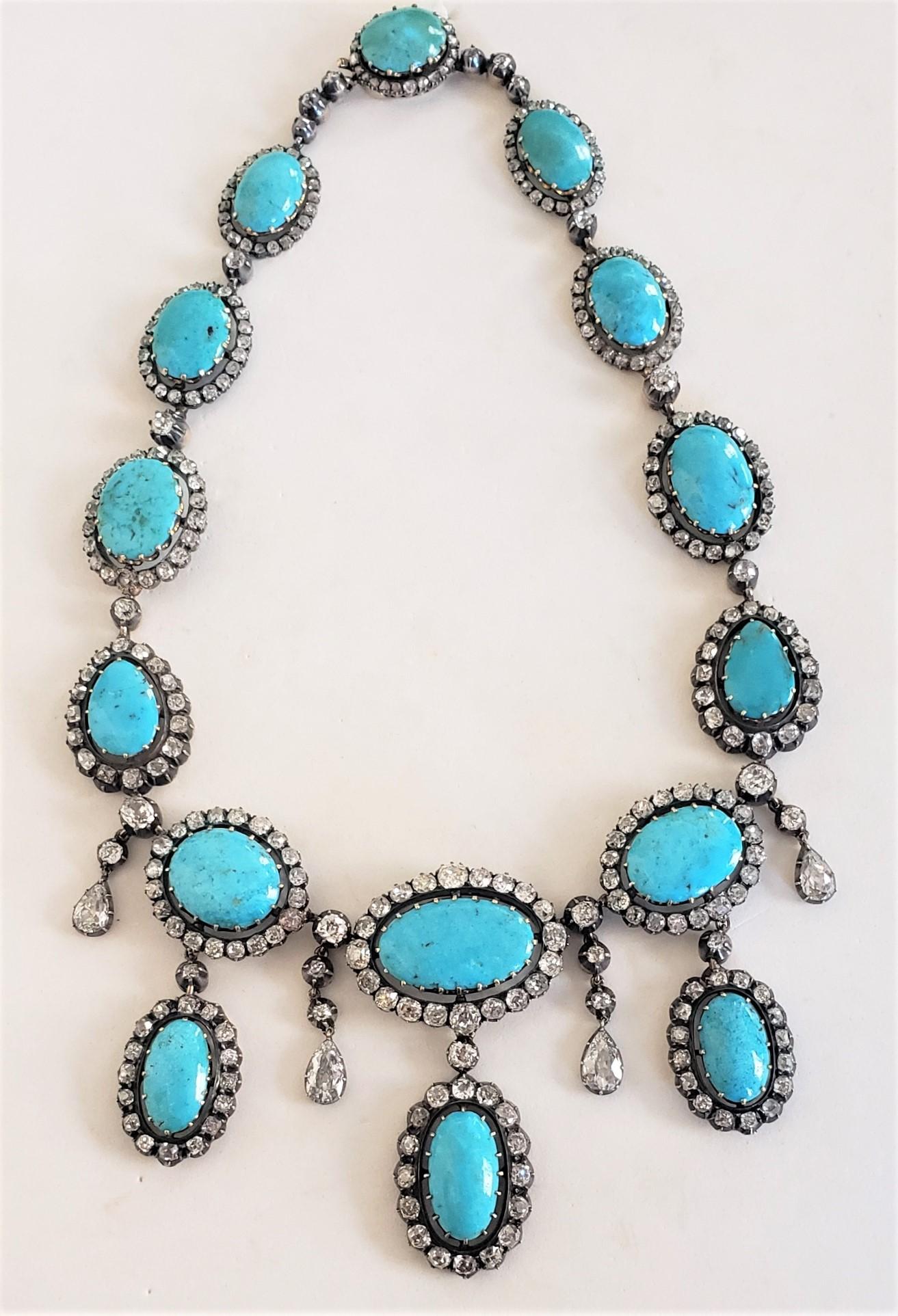Victorian Old mine cut Diamond and Persian Turquoise Necklace Silver/18K gold For Sale 12