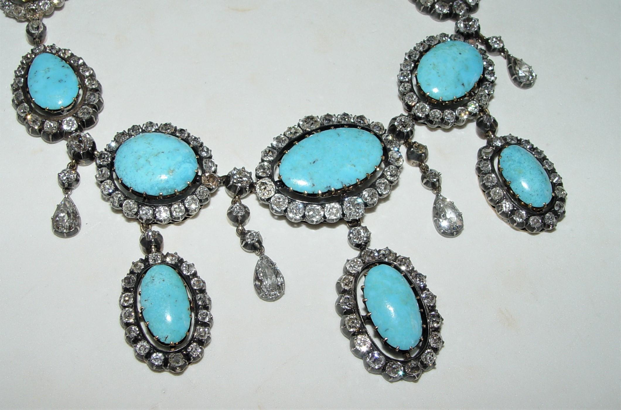 Victorian Old mine cut Diamond and Persian Turquoise Necklace Silver/18K gold In Good Condition For Sale In Chicago, IL