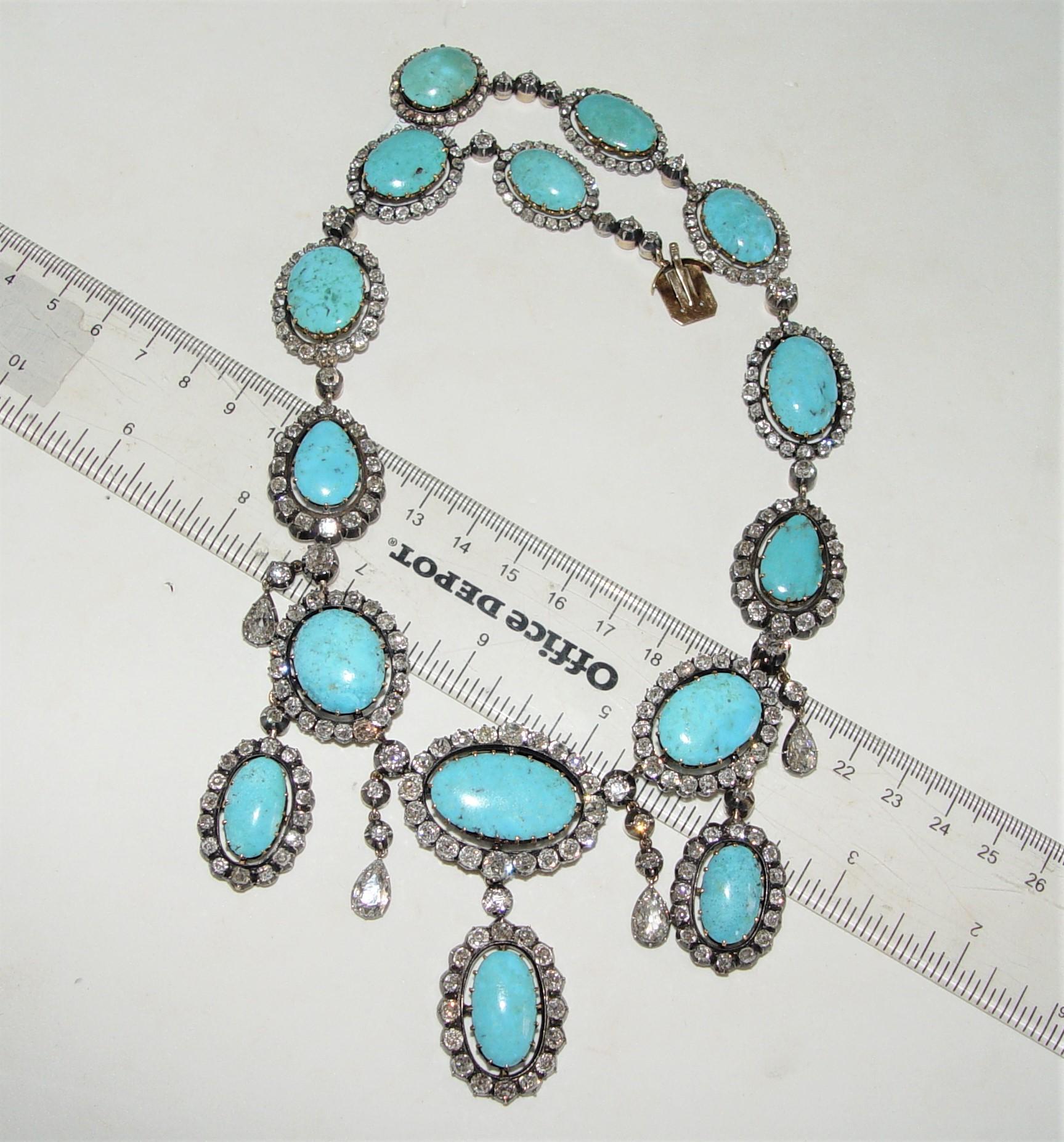 Victorian Old mine cut Diamond and Persian Turquoise Necklace Silver/18K gold For Sale 3