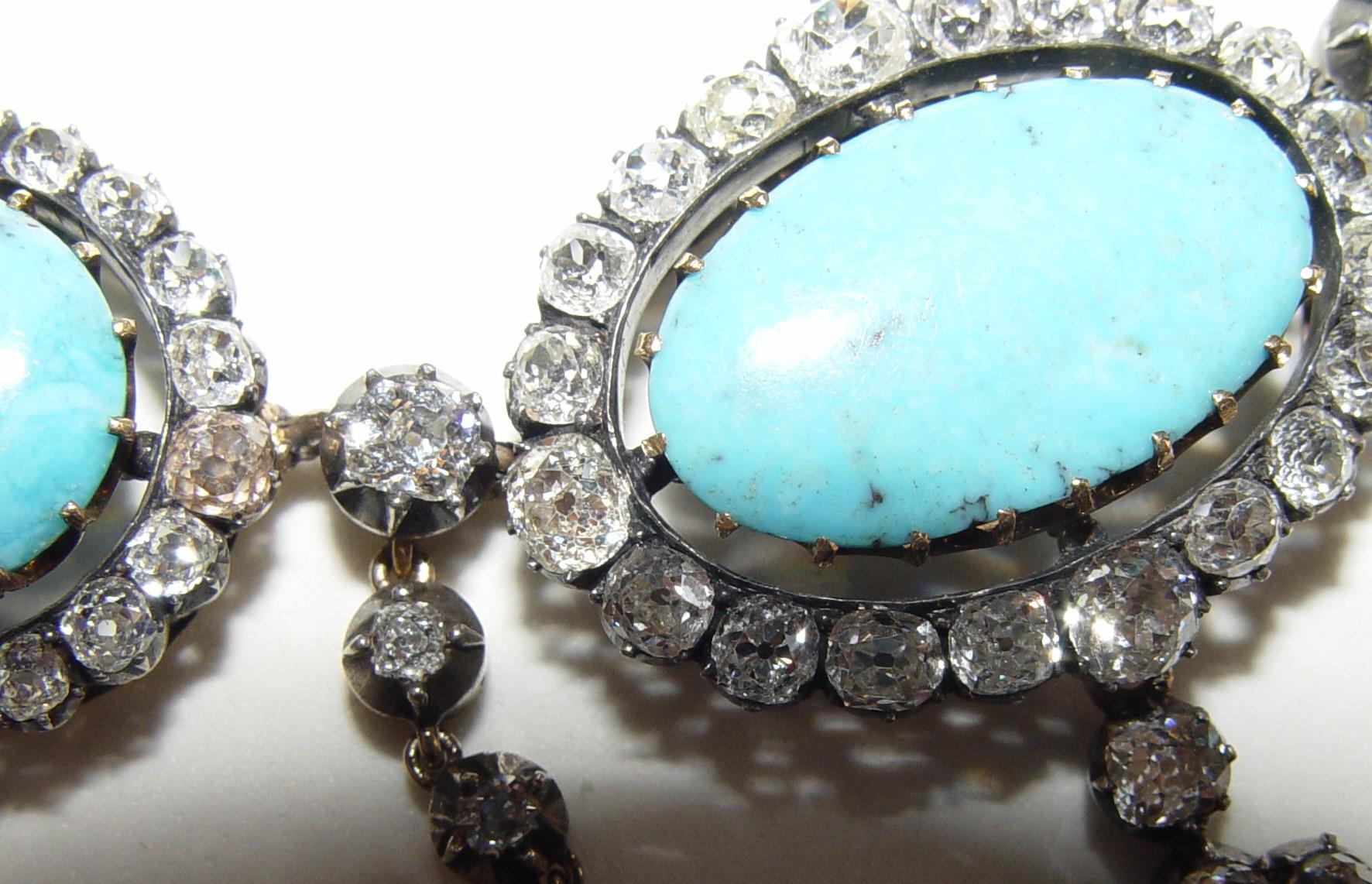 Victorian Old mine cut Diamond and Persian Turquoise Necklace Silver/18K gold For Sale 4