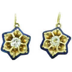 Victorian Old Mine Cut Diamond Blue Enamel 14 Karat Yellow Gold Star Earrings