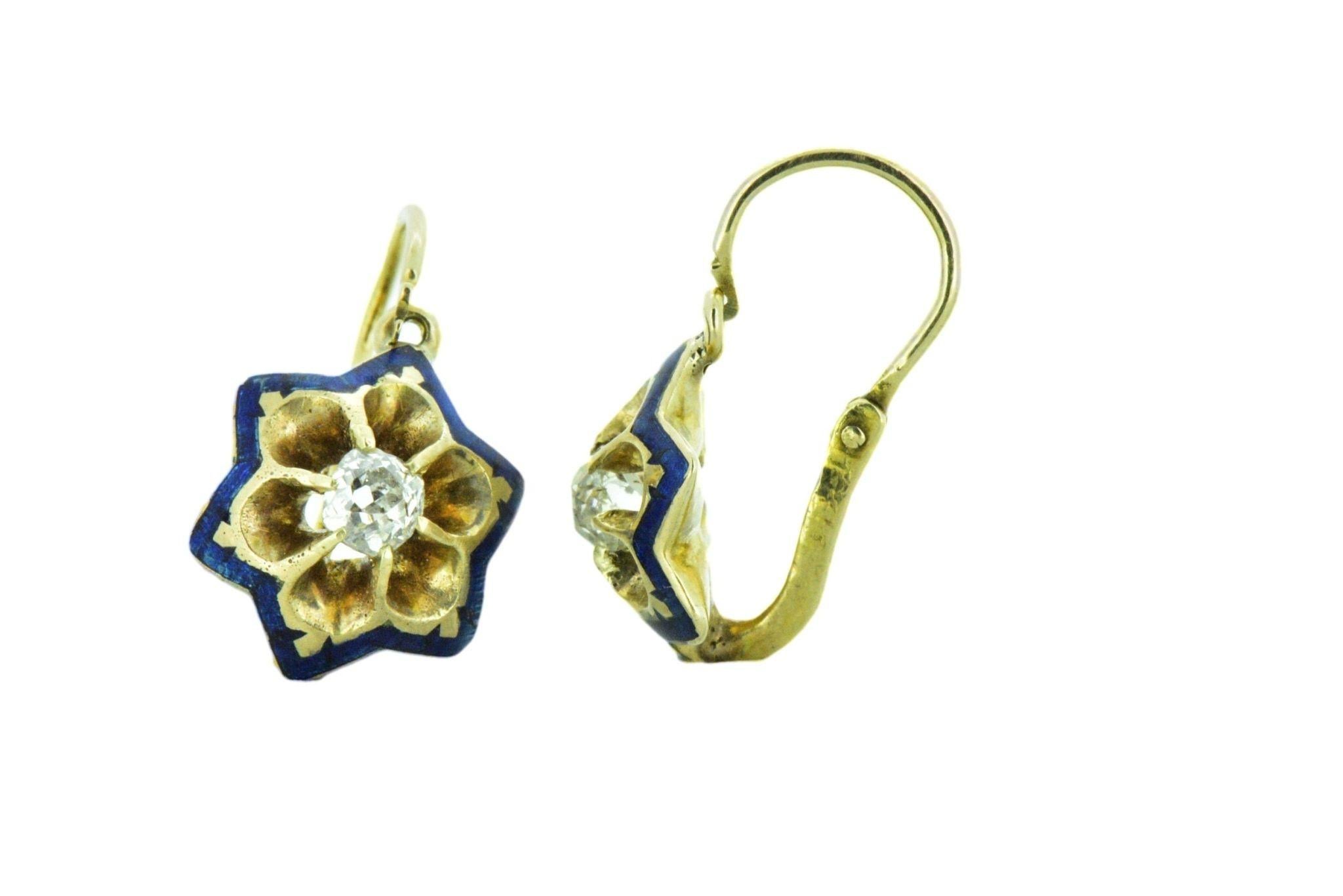 Victorian Old Mine Cut Diamond Blue Enamel 14 Karat Yellow Gold Star Earrings 1