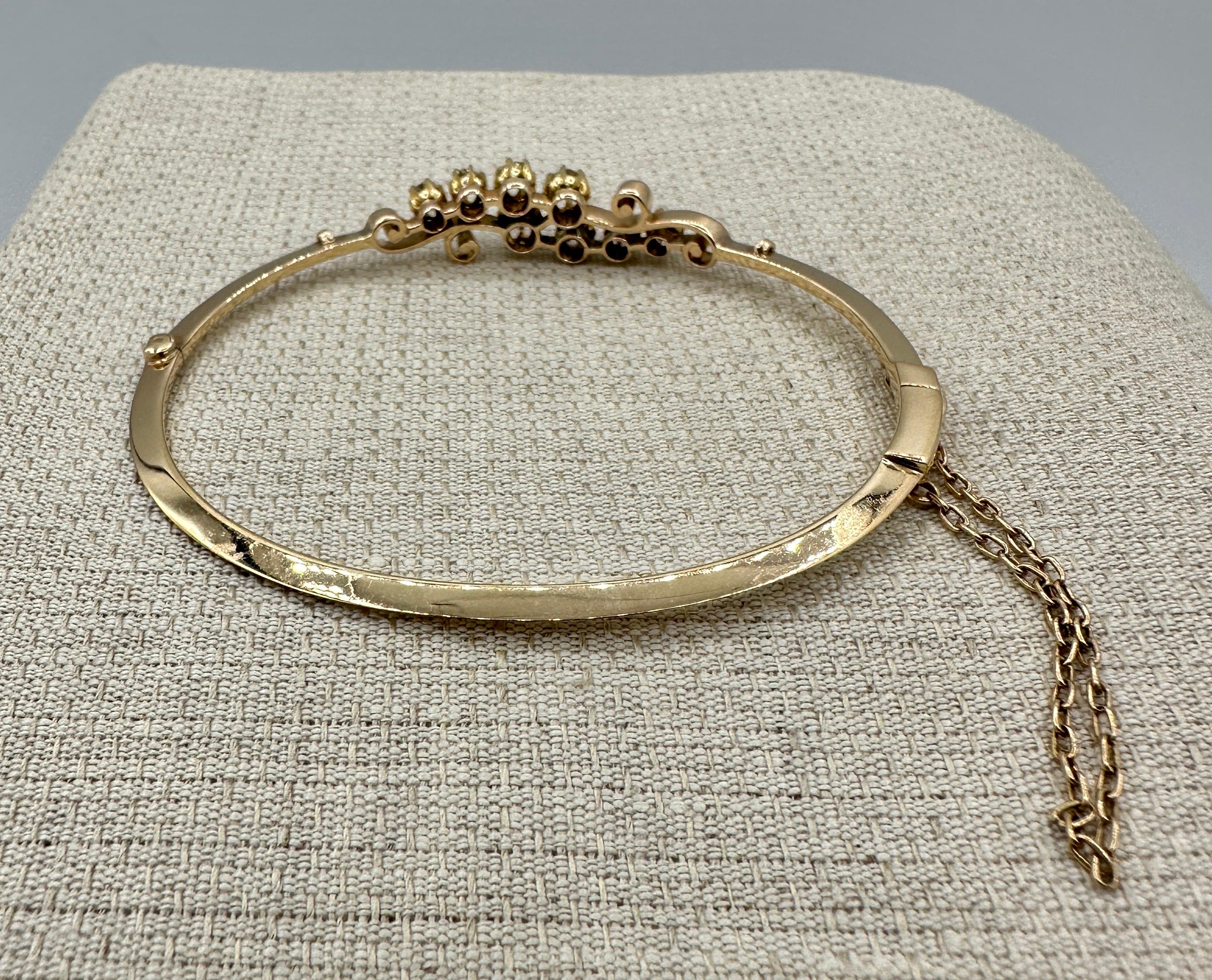 Victorian Old Mine Cut Diamond Bracelet Bangle Antique Art Nouveau 14 Karat Gold For Sale 6