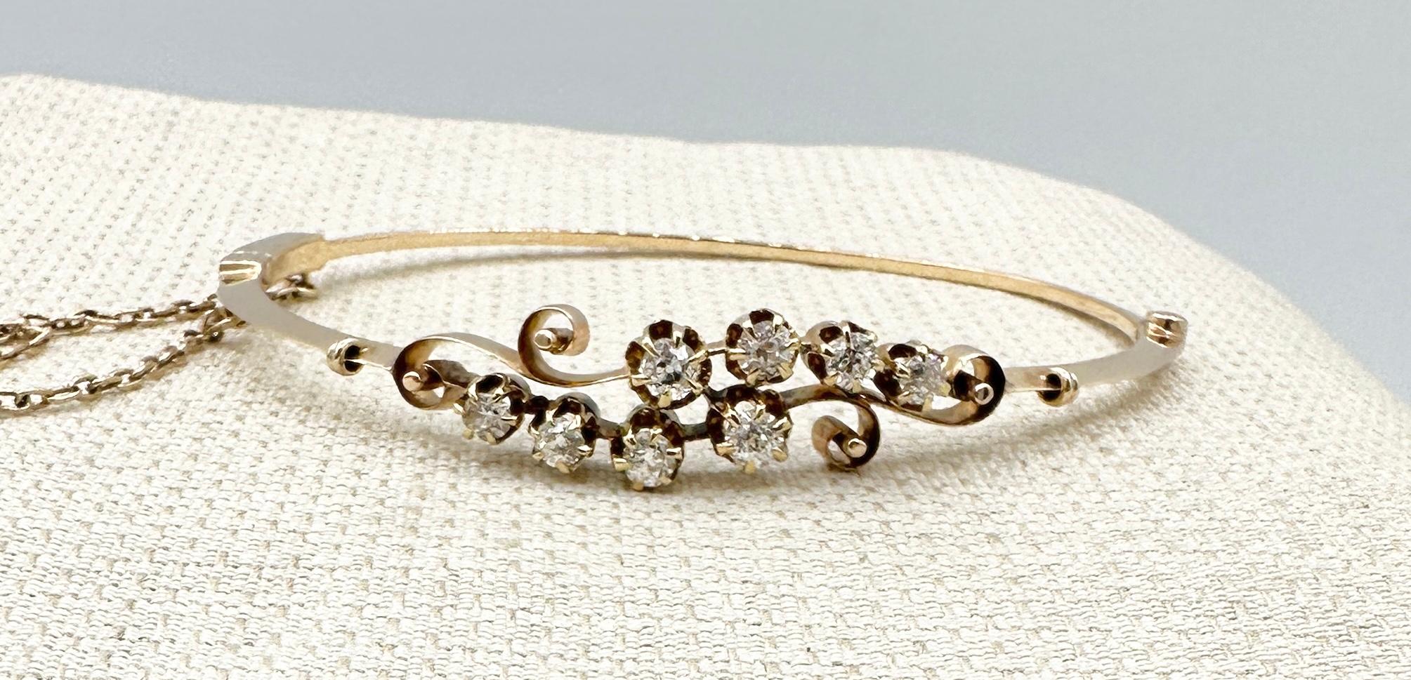 Victorian Old Mine Cut Diamond Bracelet Bangle Antique Art Nouveau 14 Karat Gold In Excellent Condition For Sale In New York, NY