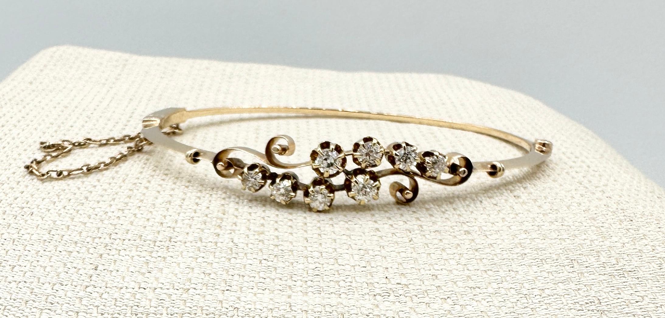 Women's Victorian Old Mine Cut Diamond Bracelet Bangle Antique Art Nouveau 14 Karat Gold For Sale