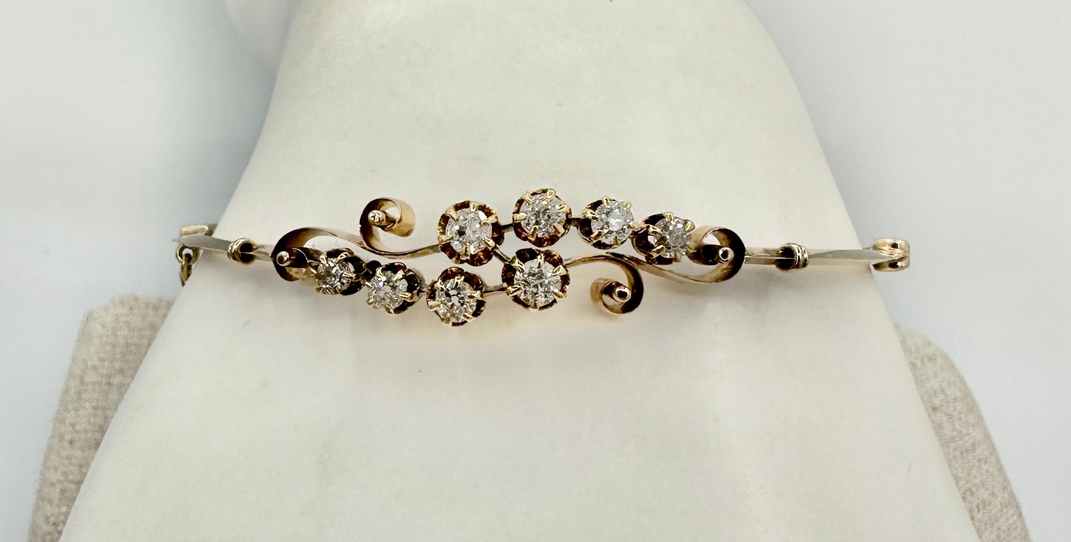 Victorian Old Mine Cut Diamond Bracelet Bangle Antique Art Nouveau 14 Karat Gold For Sale 1