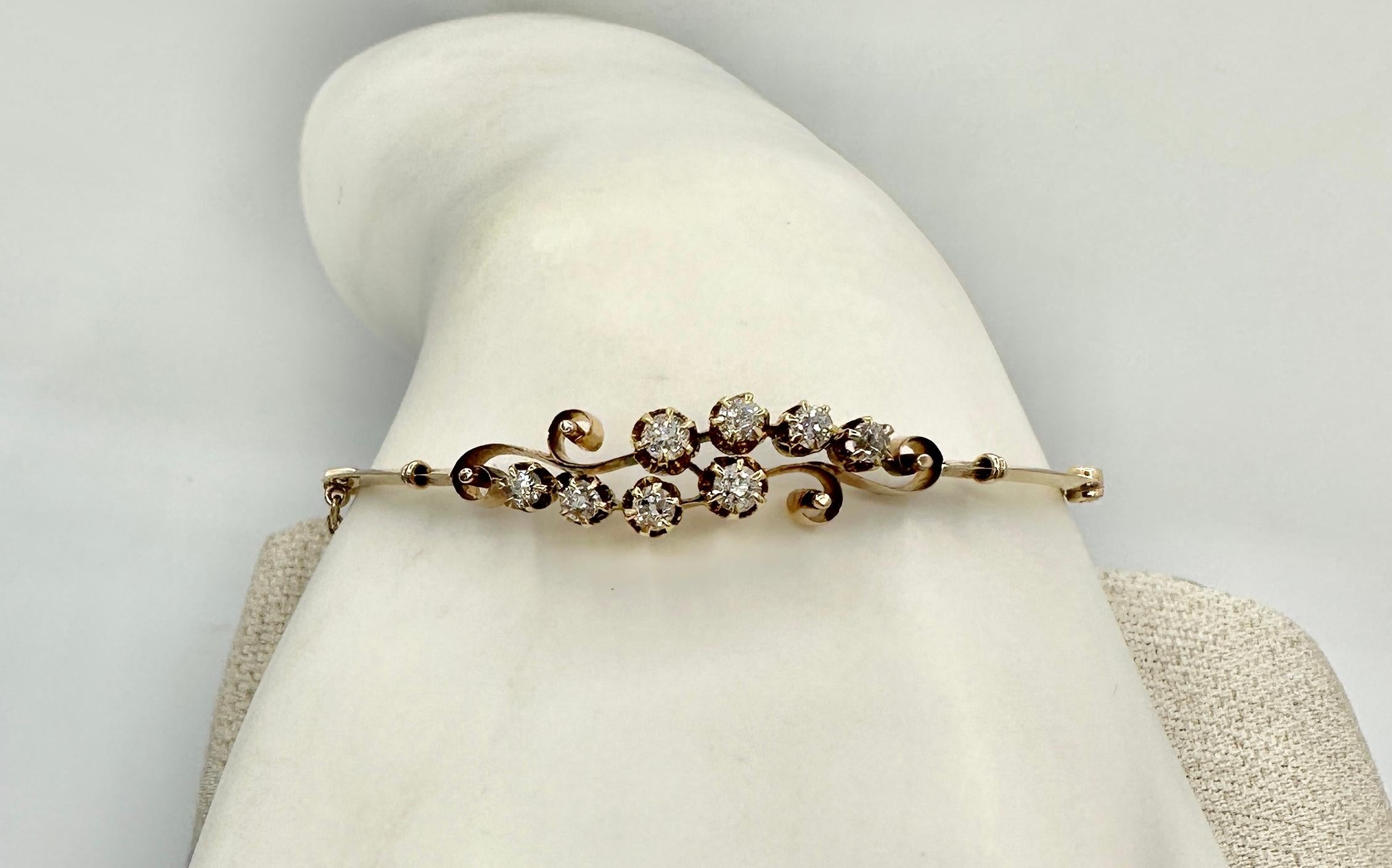 Victorian Old Mine Cut Diamond Bracelet Bangle Antique Art Nouveau 14 Karat Gold For Sale 2