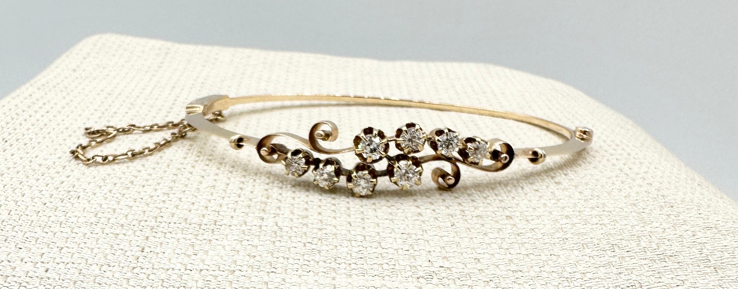 Victorian Old Mine Cut Diamond Bracelet Bangle Antique Art Nouveau 14 Karat Gold For Sale 3