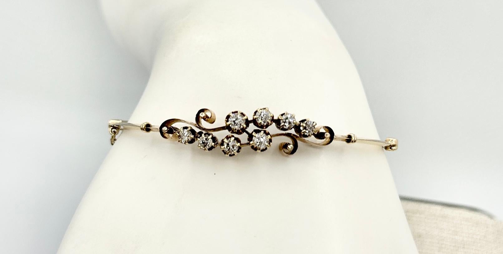 Victorian Old Mine Cut Diamond Bracelet Bangle Antique Art Nouveau 14 Karat Gold For Sale 4