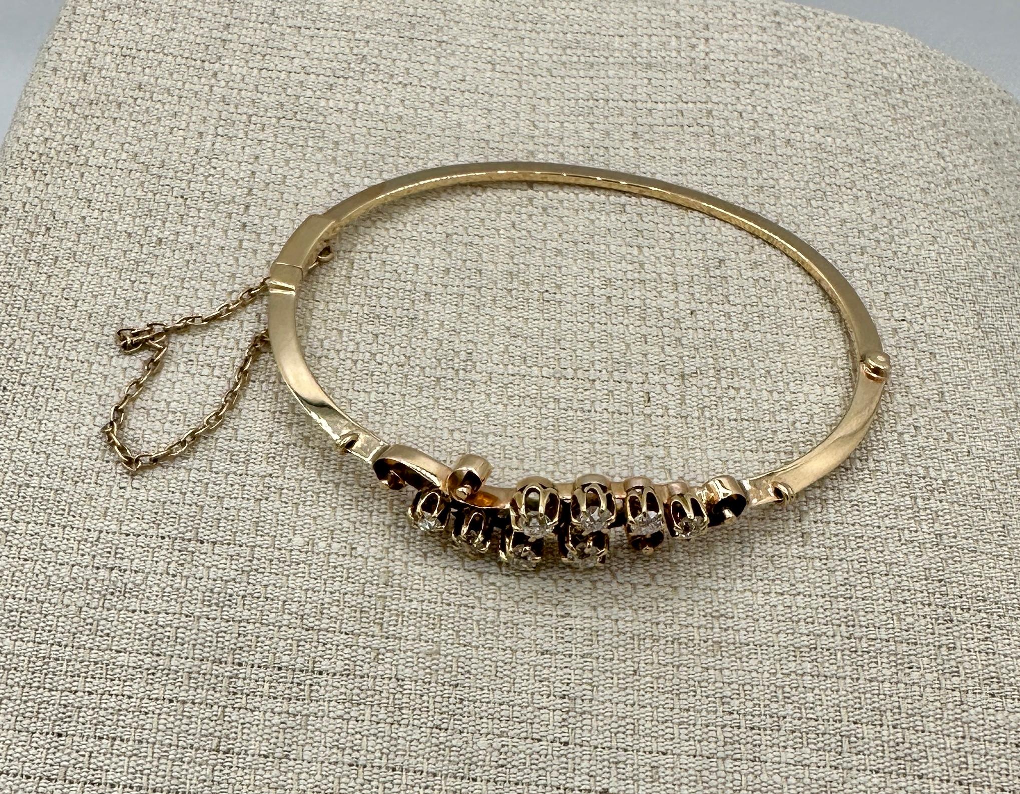 Victorian Old Mine Cut Diamond Bracelet Bangle Antique Art Nouveau 14 Karat Gold For Sale 5