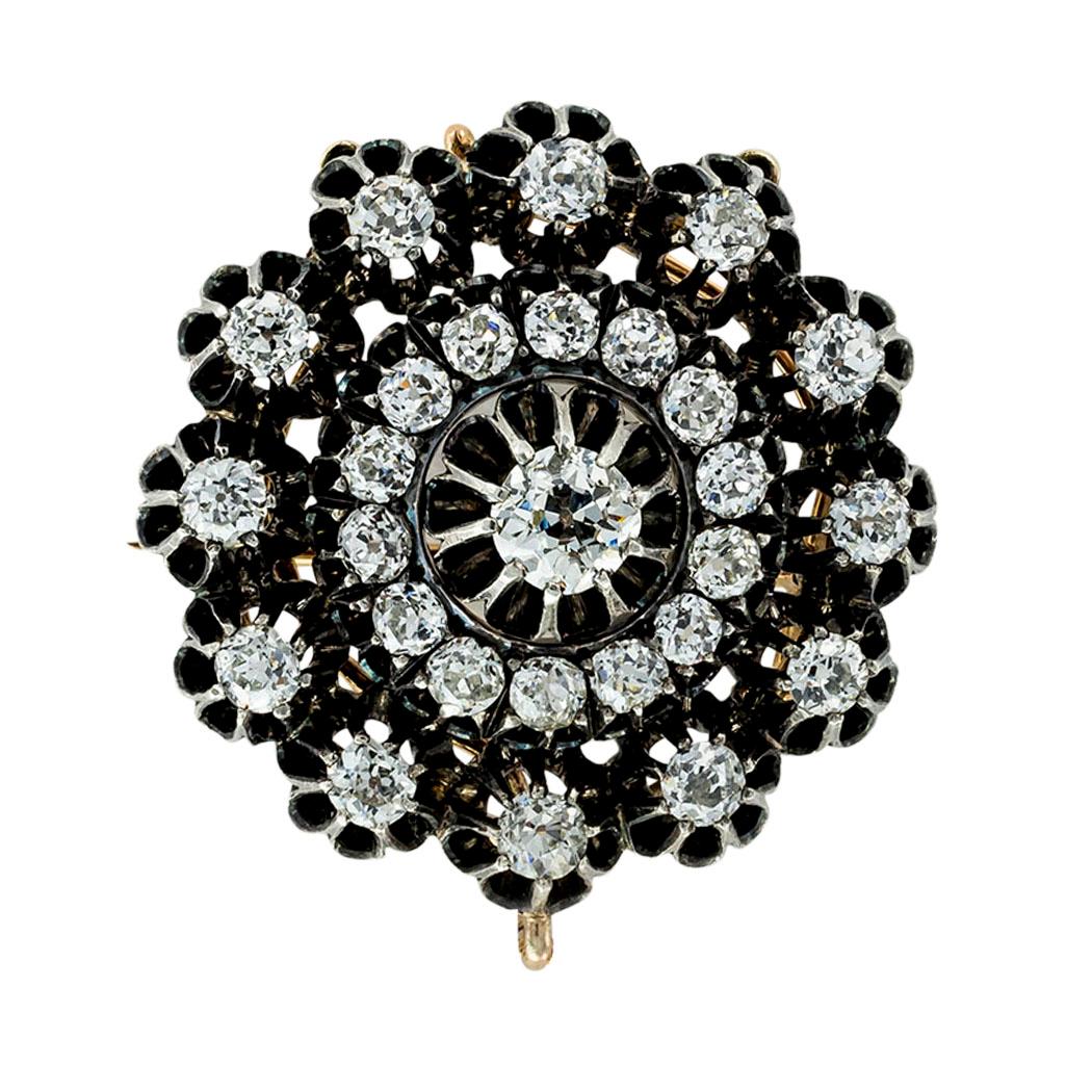 Victorian old mine-cut diamonds silver and gold brooch pendant circa 1890. *

SPECIFICATIONS:

The brooch is fitted with a watch hook that makes it possible to wear it as a pendant or suspend a charm or gemstone from it while wearing it as a brooch,