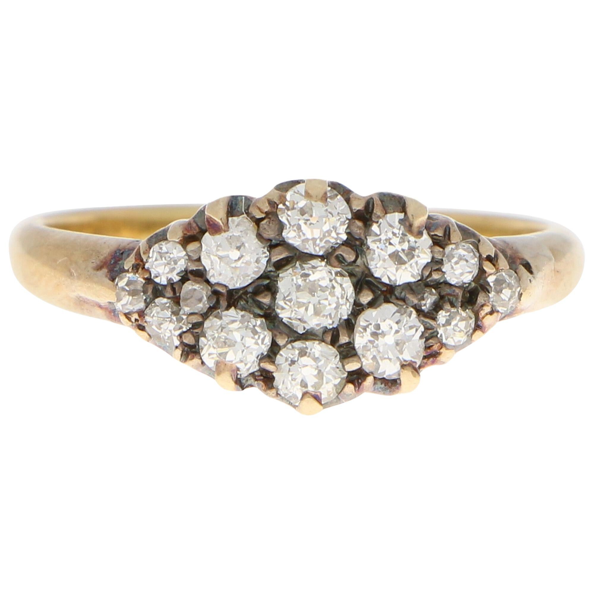 Victorian Old Mine Cut Diamond Cluster Ring Set in 18 Karat Yellow Gold