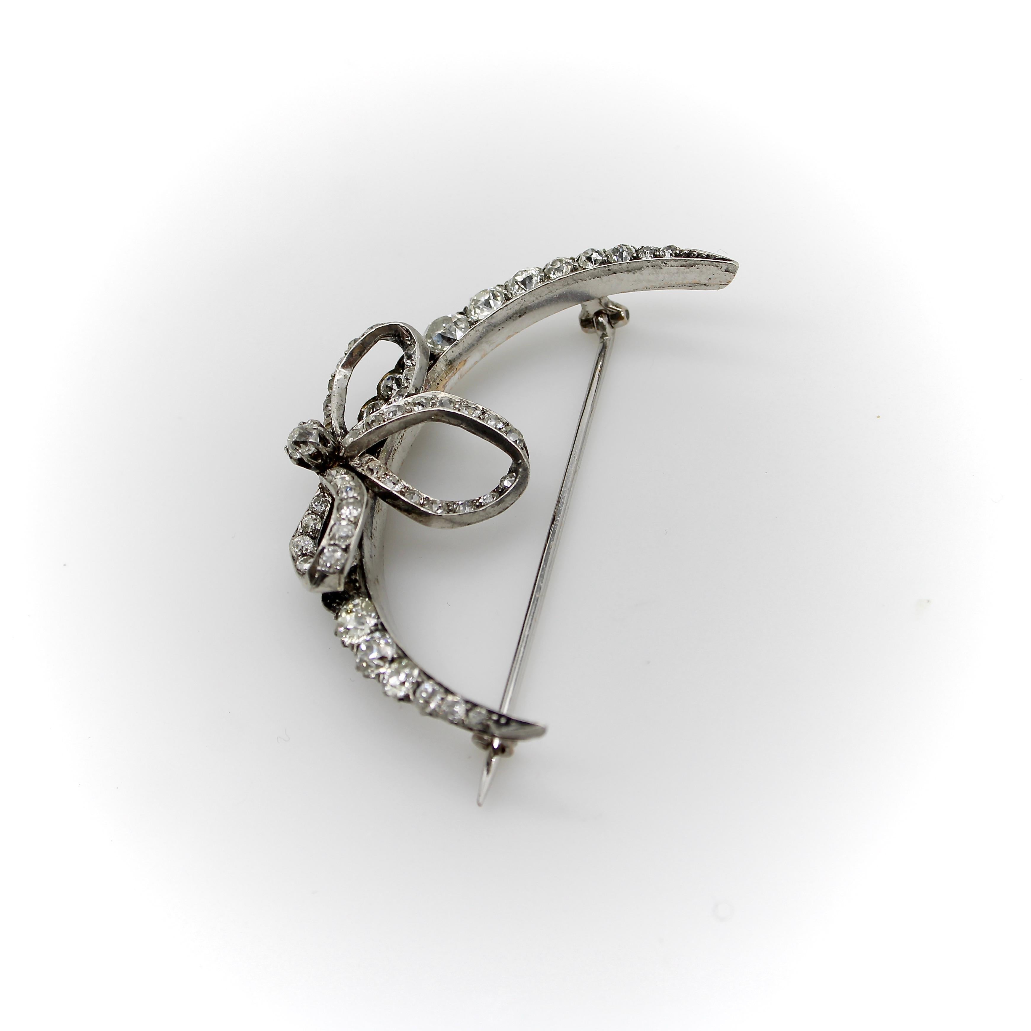 Victorian Old Mine Cut Diamond Crescent Moon with Bow Brooch  In Good Condition For Sale In Venice, CA