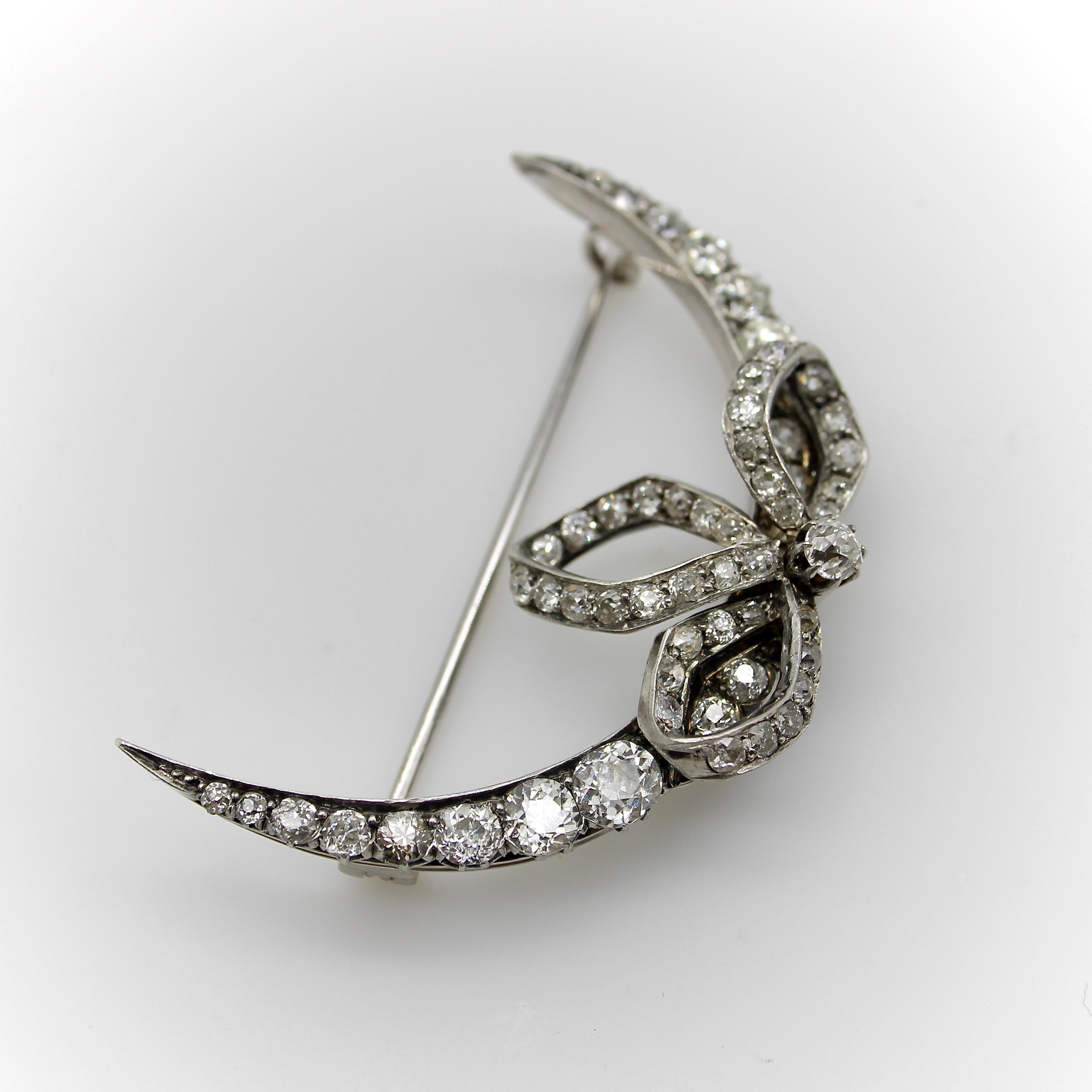 Women's or Men's Victorian Old Mine Cut Diamond Crescent Moon with Bow Brooch  For Sale