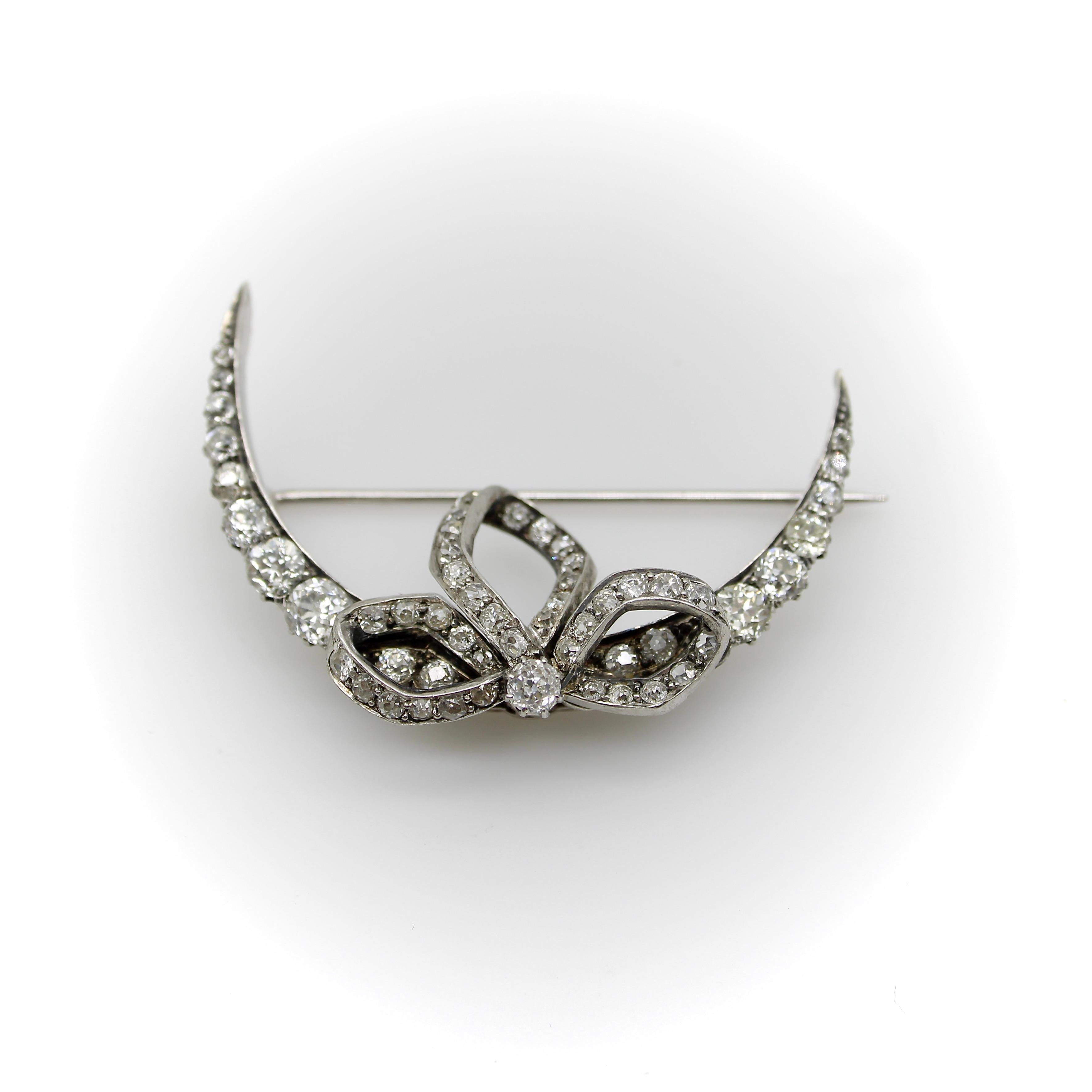 Victorian Old Mine Cut Diamond Crescent Moon with Bow Brooch  For Sale 1