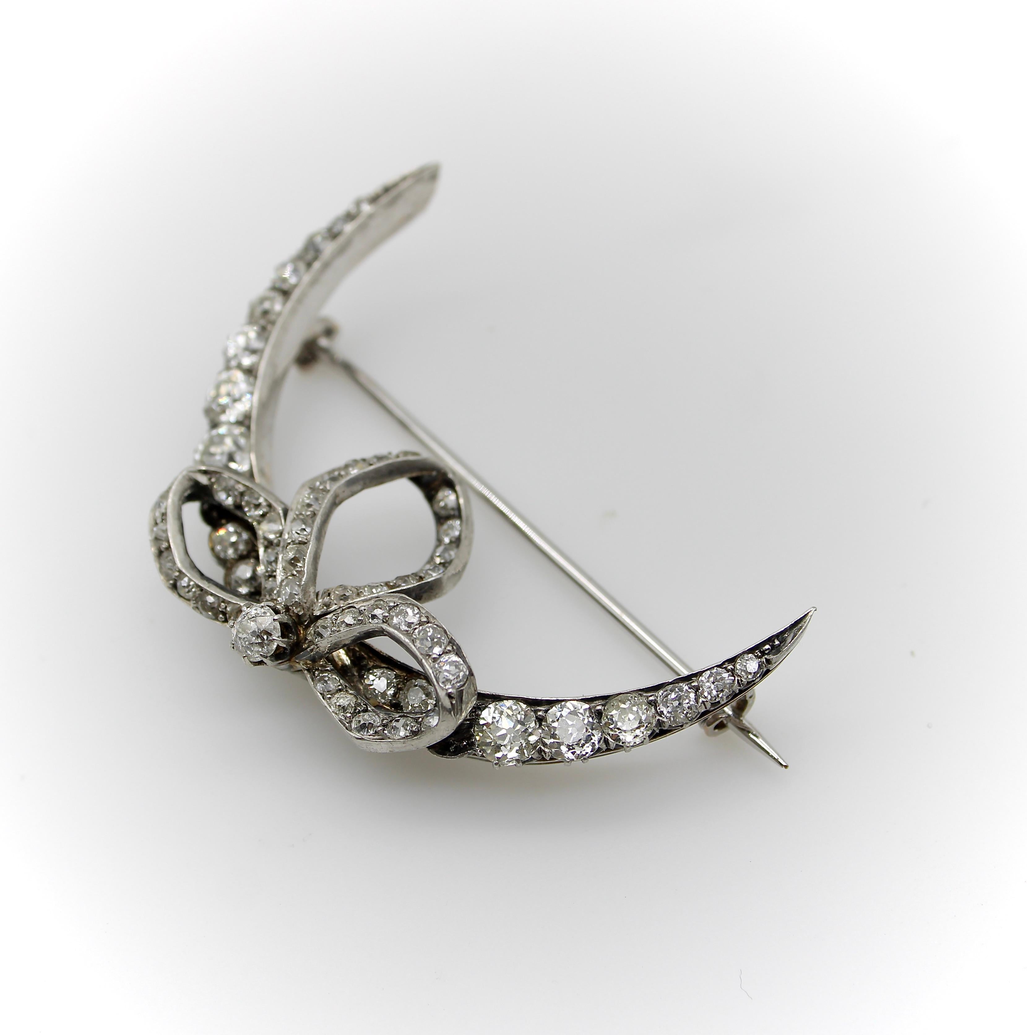 Victorian Old Mine Cut Diamond Crescent Moon with Bow Brooch  For Sale 2