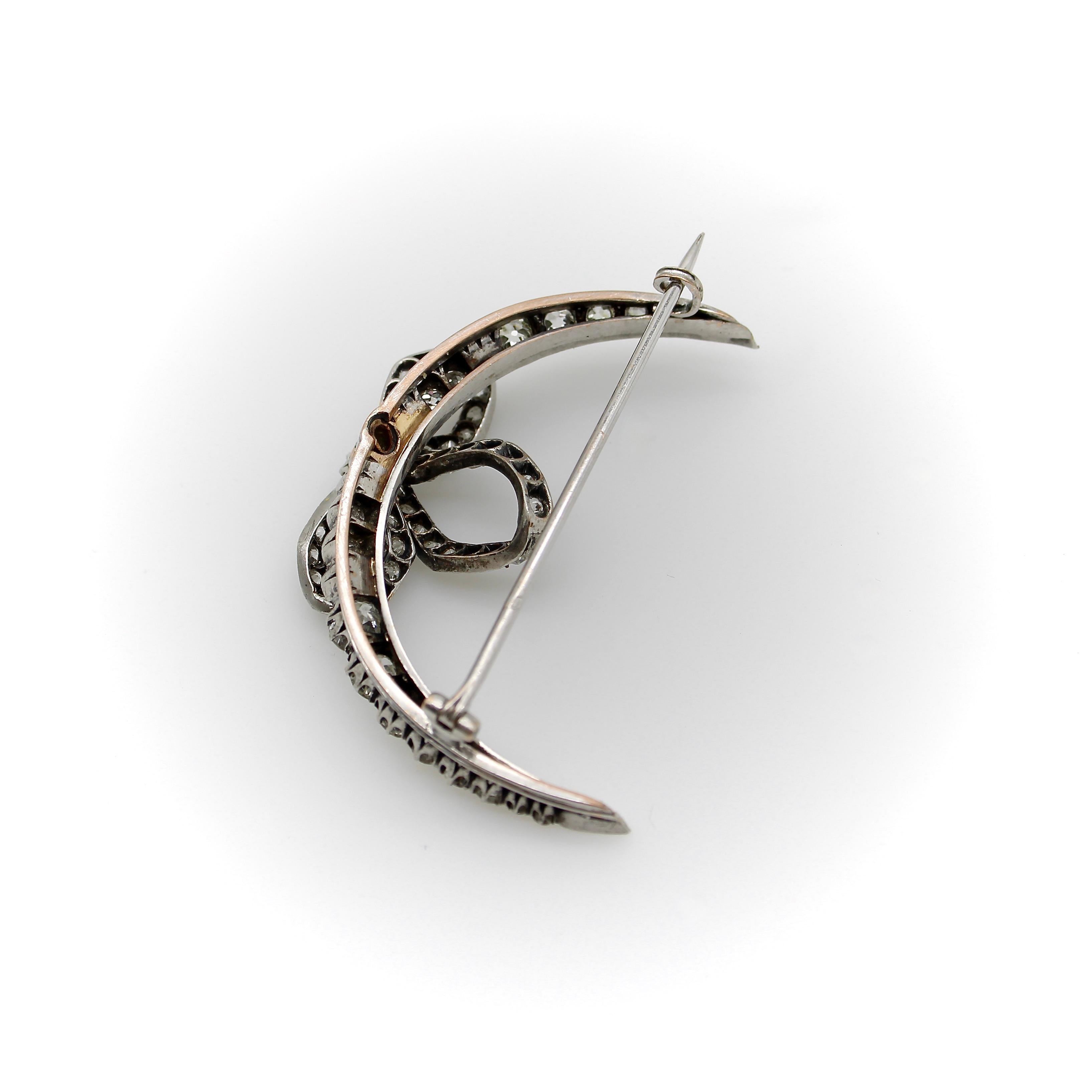 Victorian Old Mine Cut Diamond Crescent Moon with Bow Brooch  For Sale 4