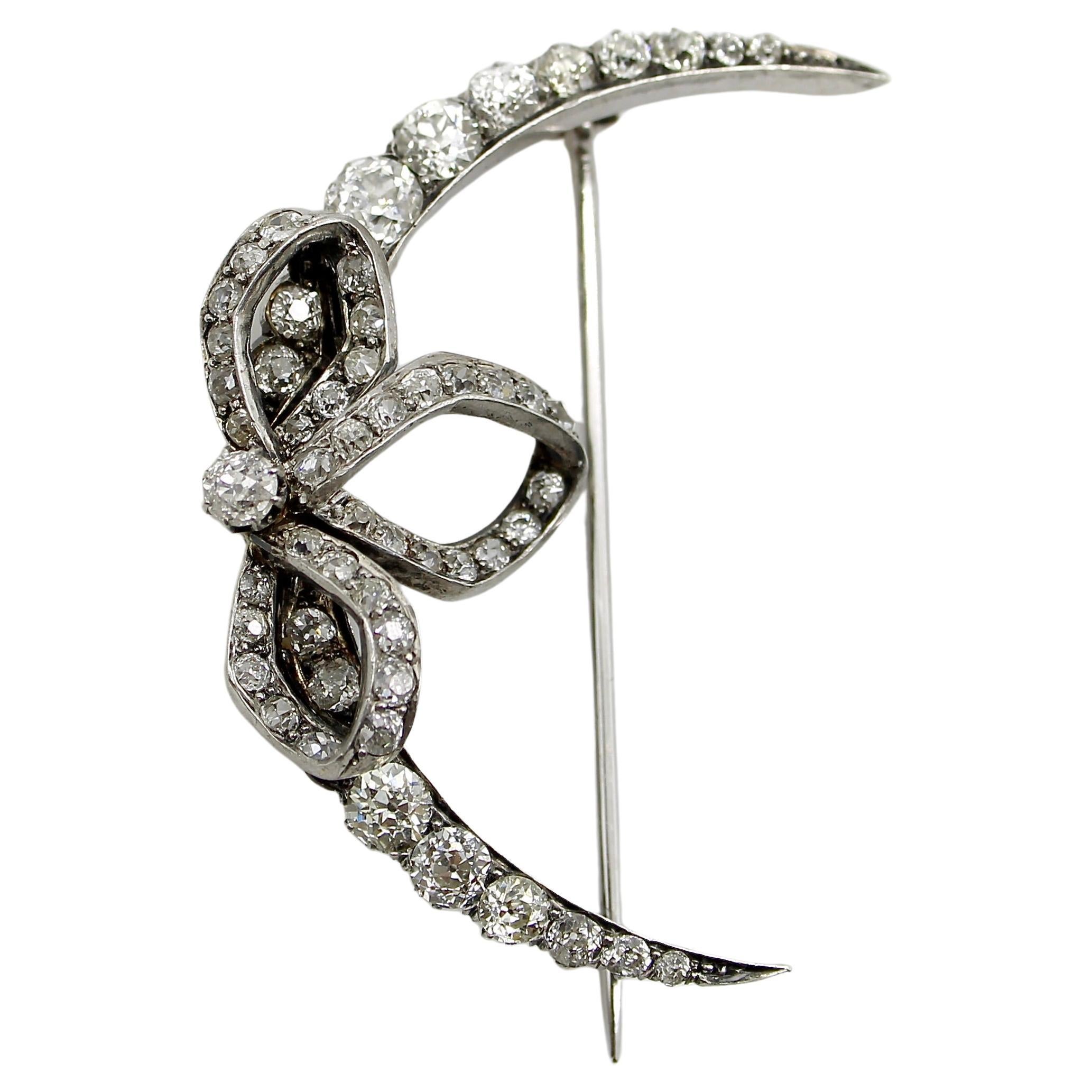 Victorian Old Mine Cut Diamond Crescent Moon with Bow Brooch  For Sale