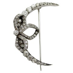 Antique Victorian Old Mine Cut Diamond Crescent Moon with Bow Brooch 