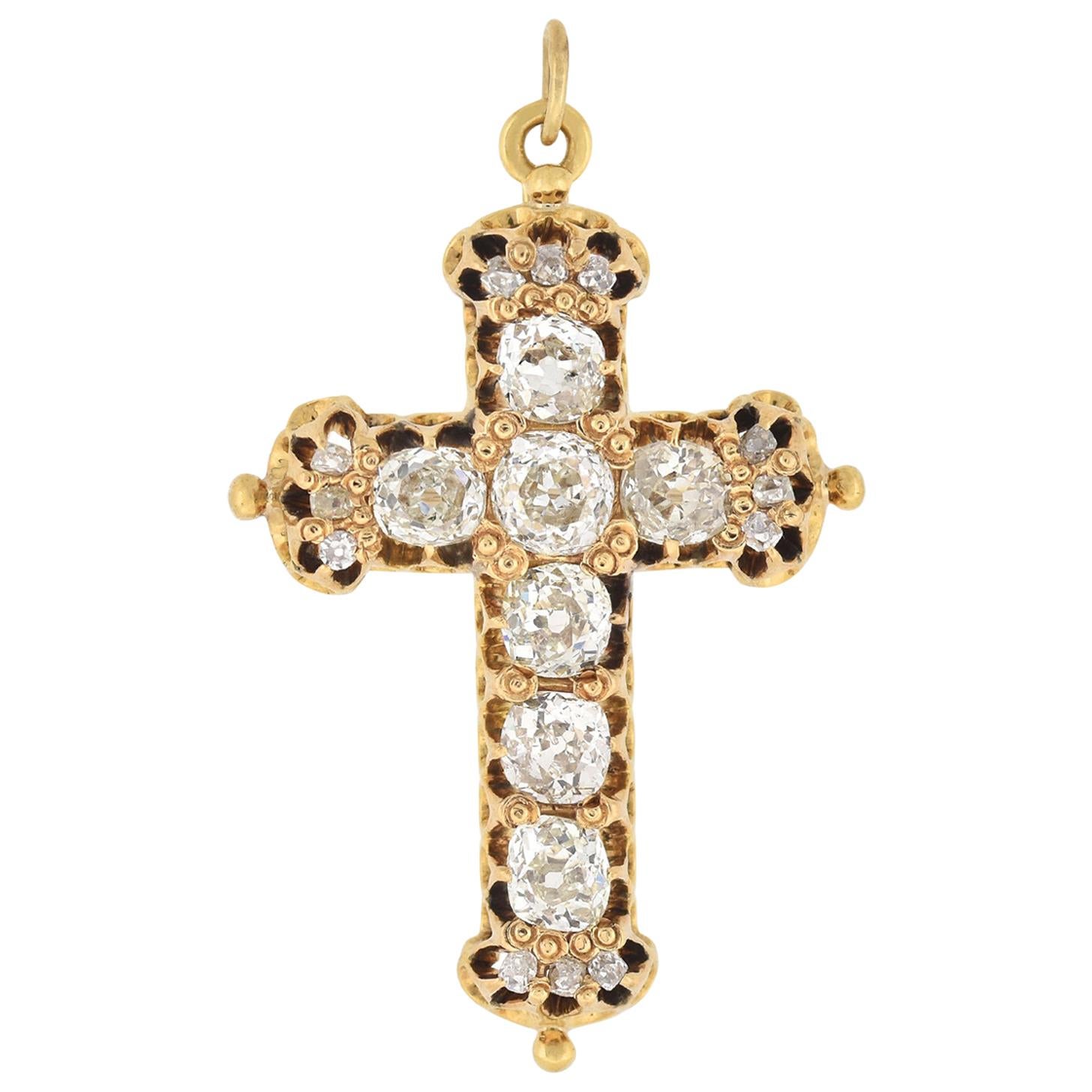 Victorian Old Mine Cut Diamond Cross Pin Pendant 4.50 Total Carat