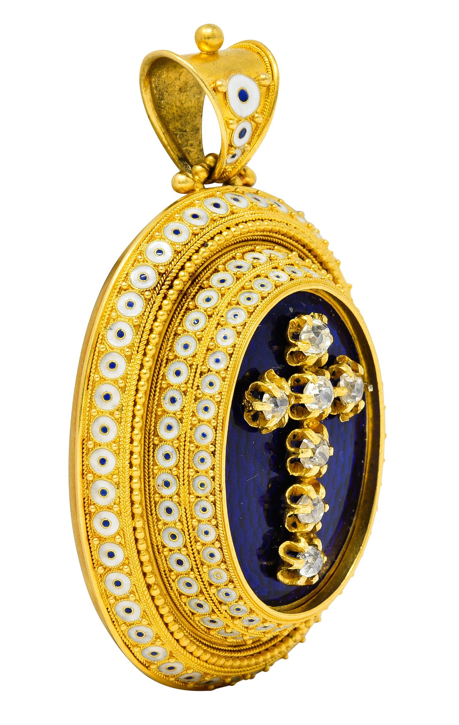Women's or Men's Victorian Old Mine Cut Diamond Enamel 18 Karat Yellow Gold Locket Pendant For Sale