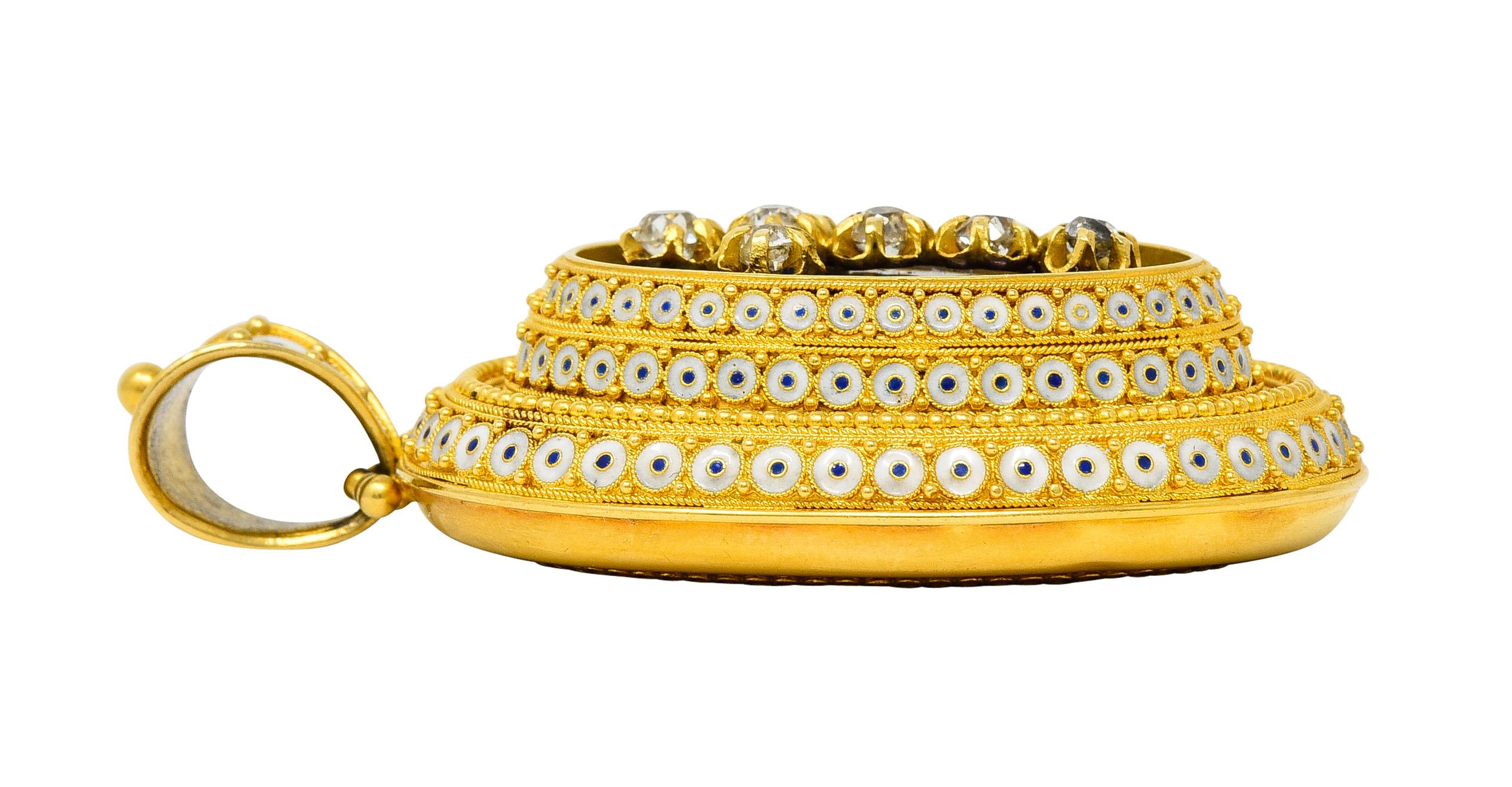 Viktorianisches Medaillon-Anhänger aus 18 Karat Gelbgold mit Diamanten im alten Minenschliff und Emaille für Damen oder Herren im Angebot