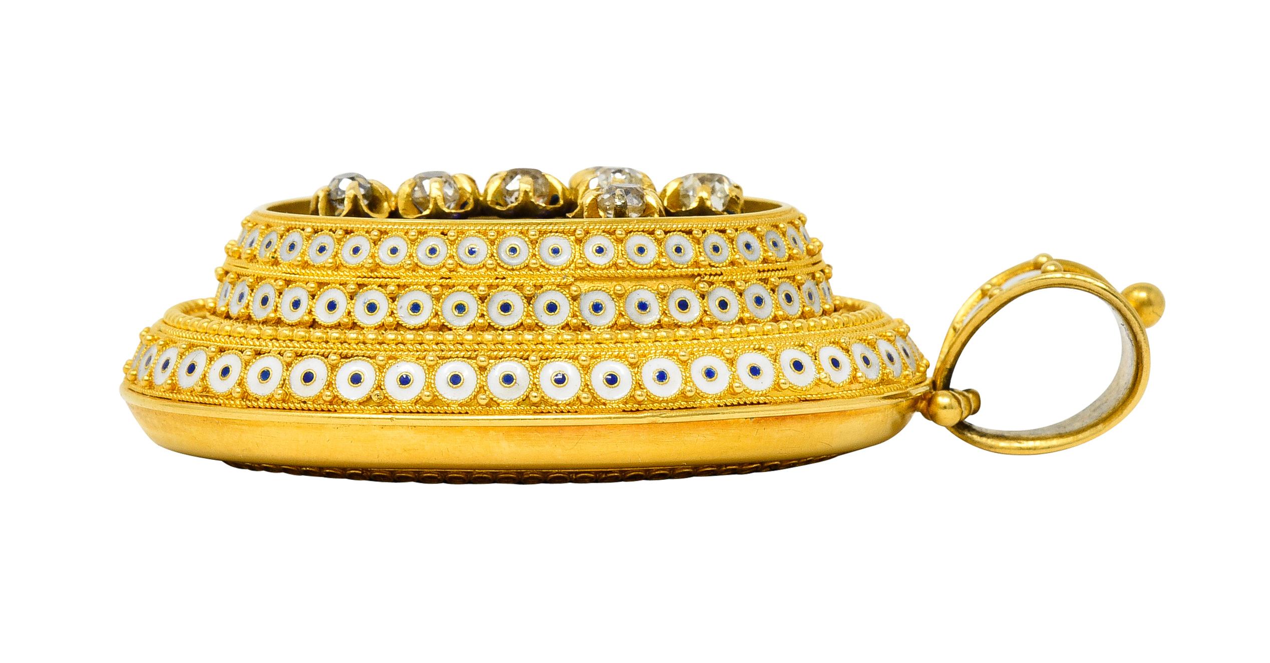 Pendentif médaillon victorien en or jaune 18 carats avec diamants taille vieille mine et émail Unisexe en vente