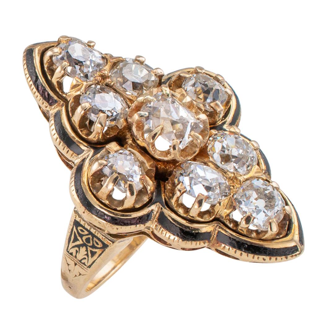 Women's Victorian Old Mine Cut Diamond Enamel Gold Ring