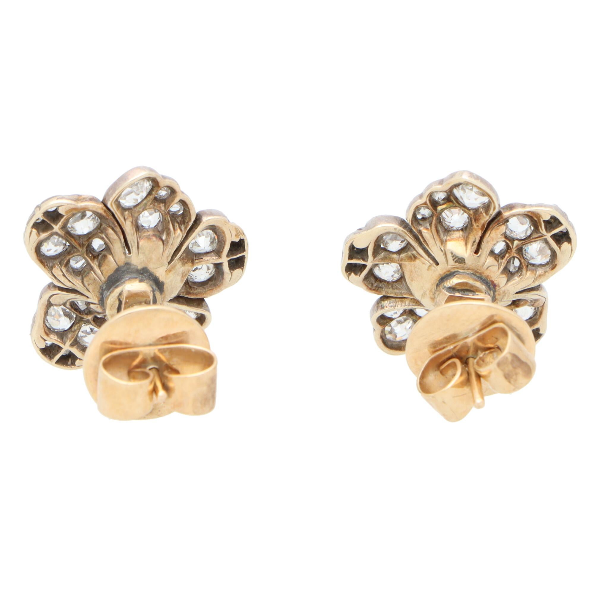 Women's or Men's Victorian Old Mine Cut Diamond Flower Cluster Earrings Set in Silver on Gold