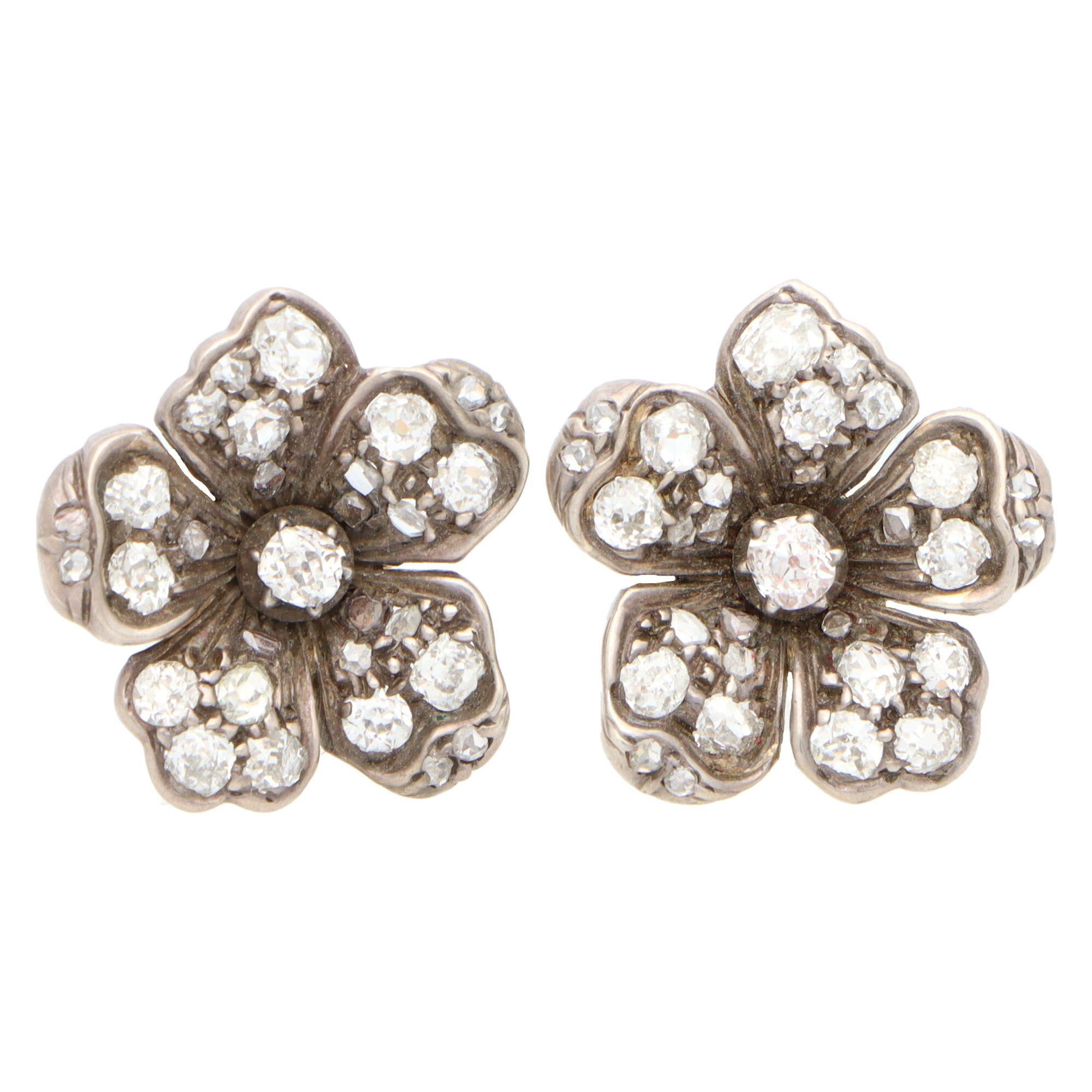 Victorian Old Mine Cut Diamond Flower Cluster Earrings Set in Silver on Gold