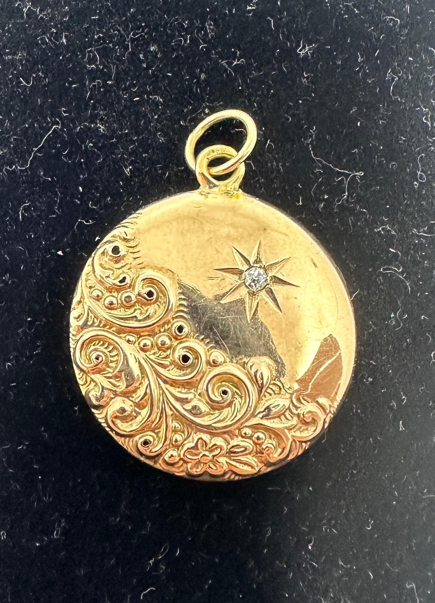 Victorian Old Mine Cut Diamond Gold Locket Pendant Necklace Sun Motif For Sale 6