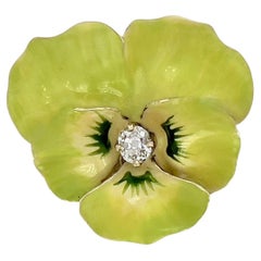 Victorian Old Mine Cut Diamond Lime Green Pansy Brooch, Pendant, Antique, 14K
