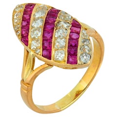 Victorian old mine cut diamond ruby 14k rose gold navette ring