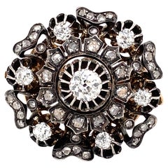Victorian Old Mine Cut Diamond Silver on Gold Round Cluster Antique Brooch