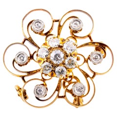 Victorian Old Mine Cut Diamond Swirl Motif Convertible Pendant 14K Yellow Gold