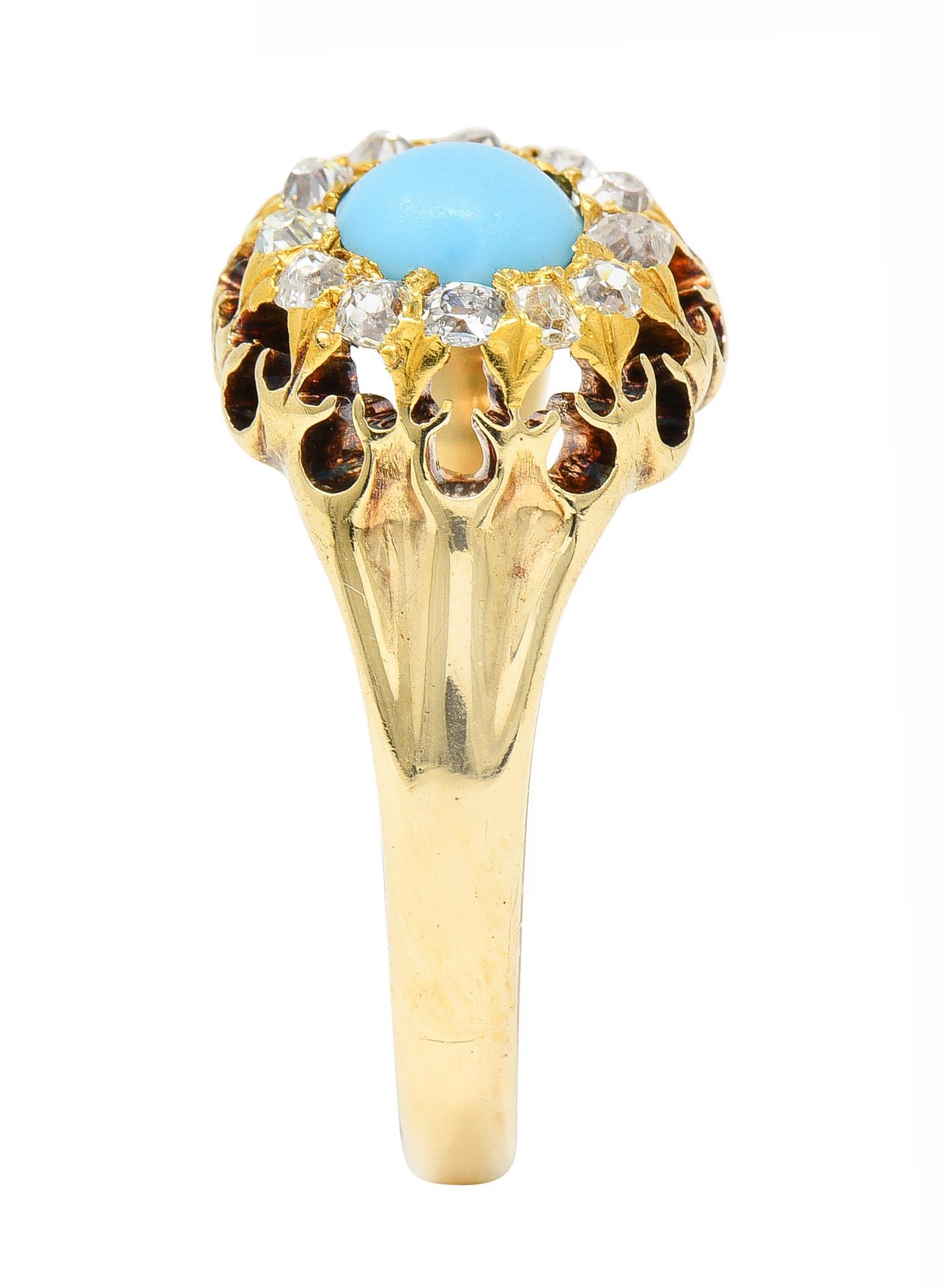 Victorian Old Mine Cut Diamond Turquoise 14 Karat Gold Oak Antique Halo Ring 5