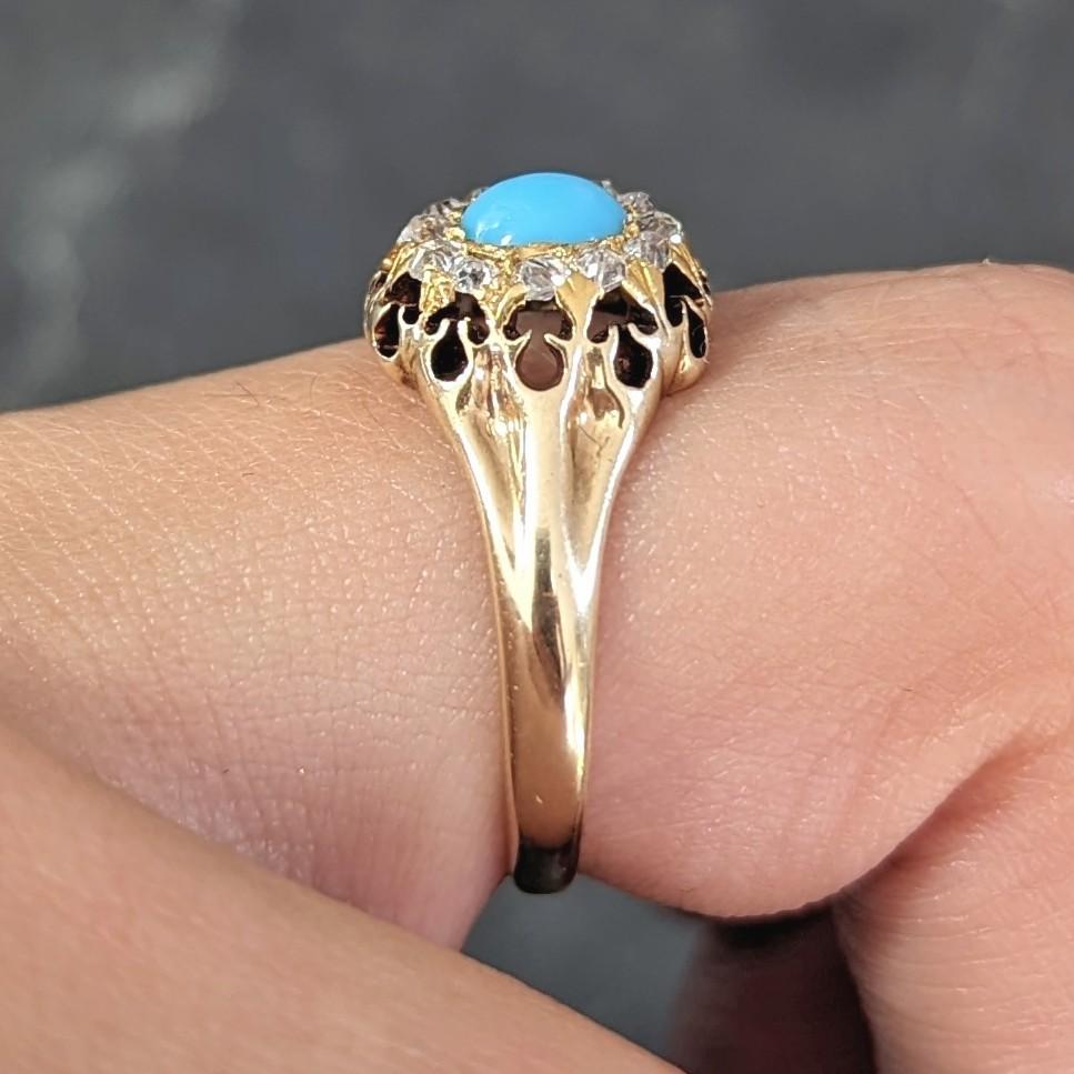 Victorian Old Mine Cut Diamond Turquoise 14 Karat Gold Oak Antique Halo Ring 9