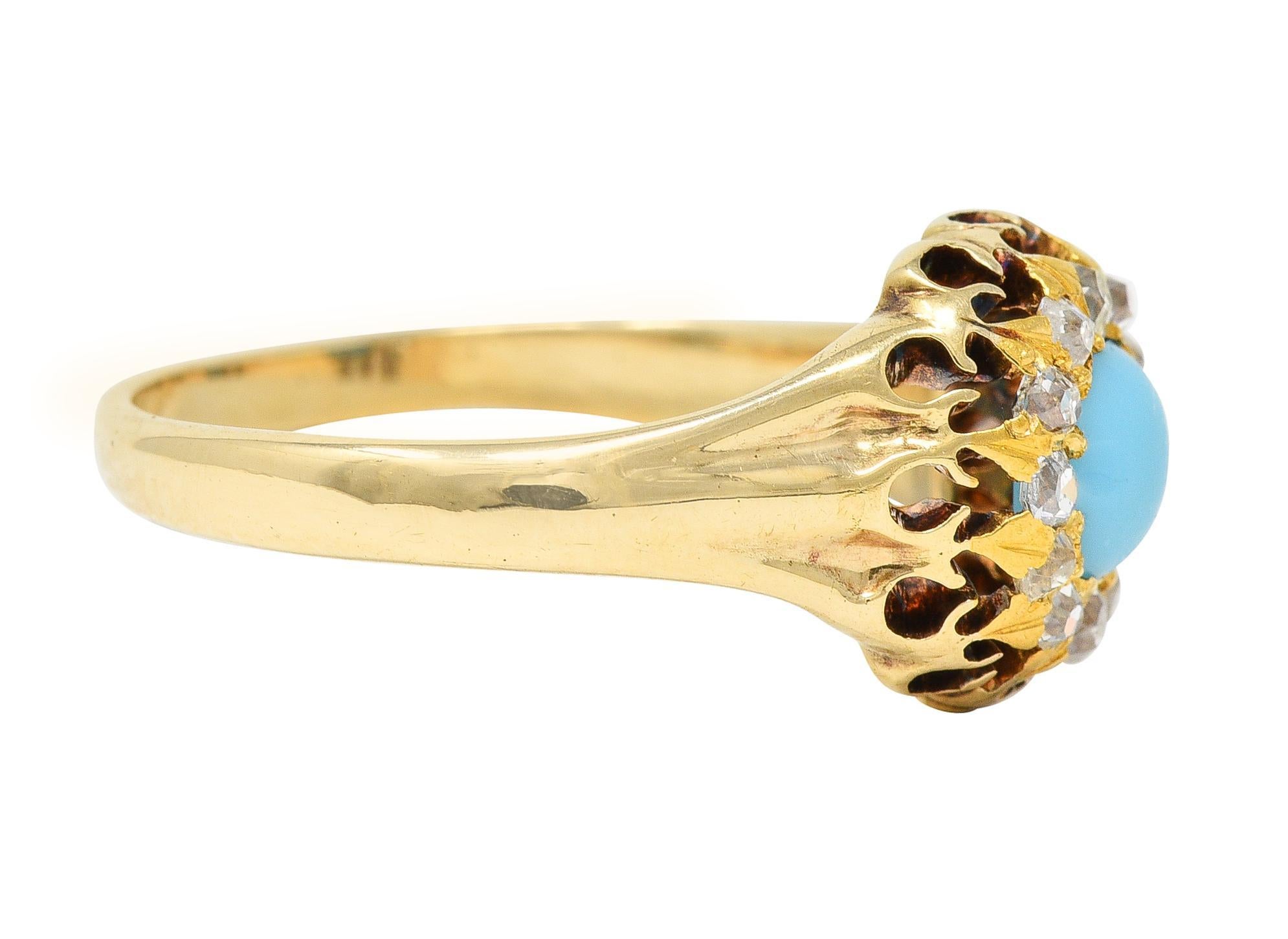 Cabochon Victorian Old Mine Cut Diamond Turquoise 14 Karat Gold Oak Antique Halo Ring