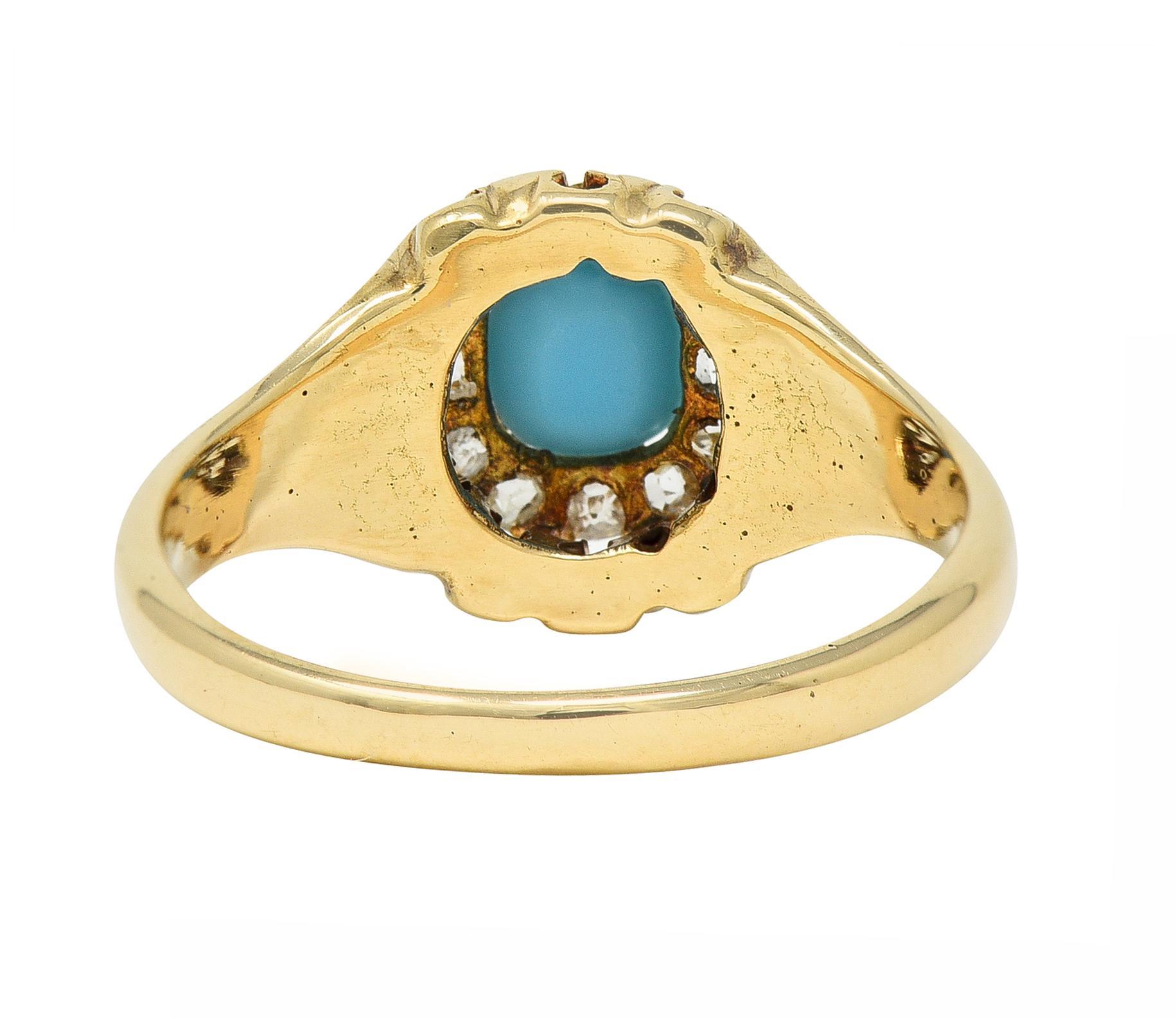 Victorian Old Mine Cut Diamond Turquoise 14 Karat Gold Oak Antique Halo Ring In Excellent Condition In Philadelphia, PA