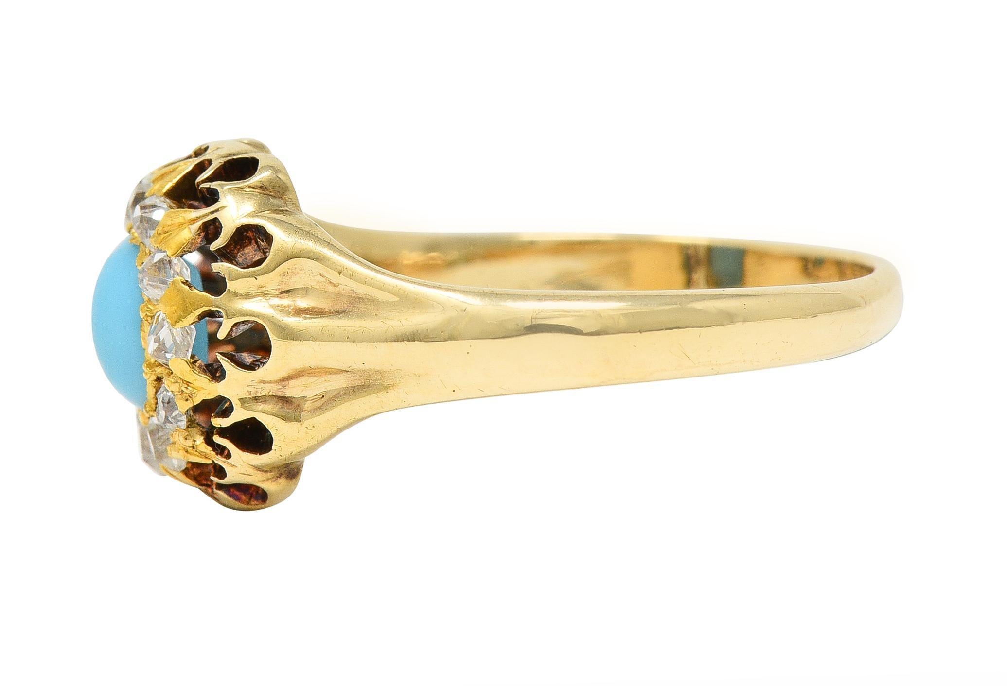 Women's or Men's Victorian Old Mine Cut Diamond Turquoise 14 Karat Gold Oak Antique Halo Ring