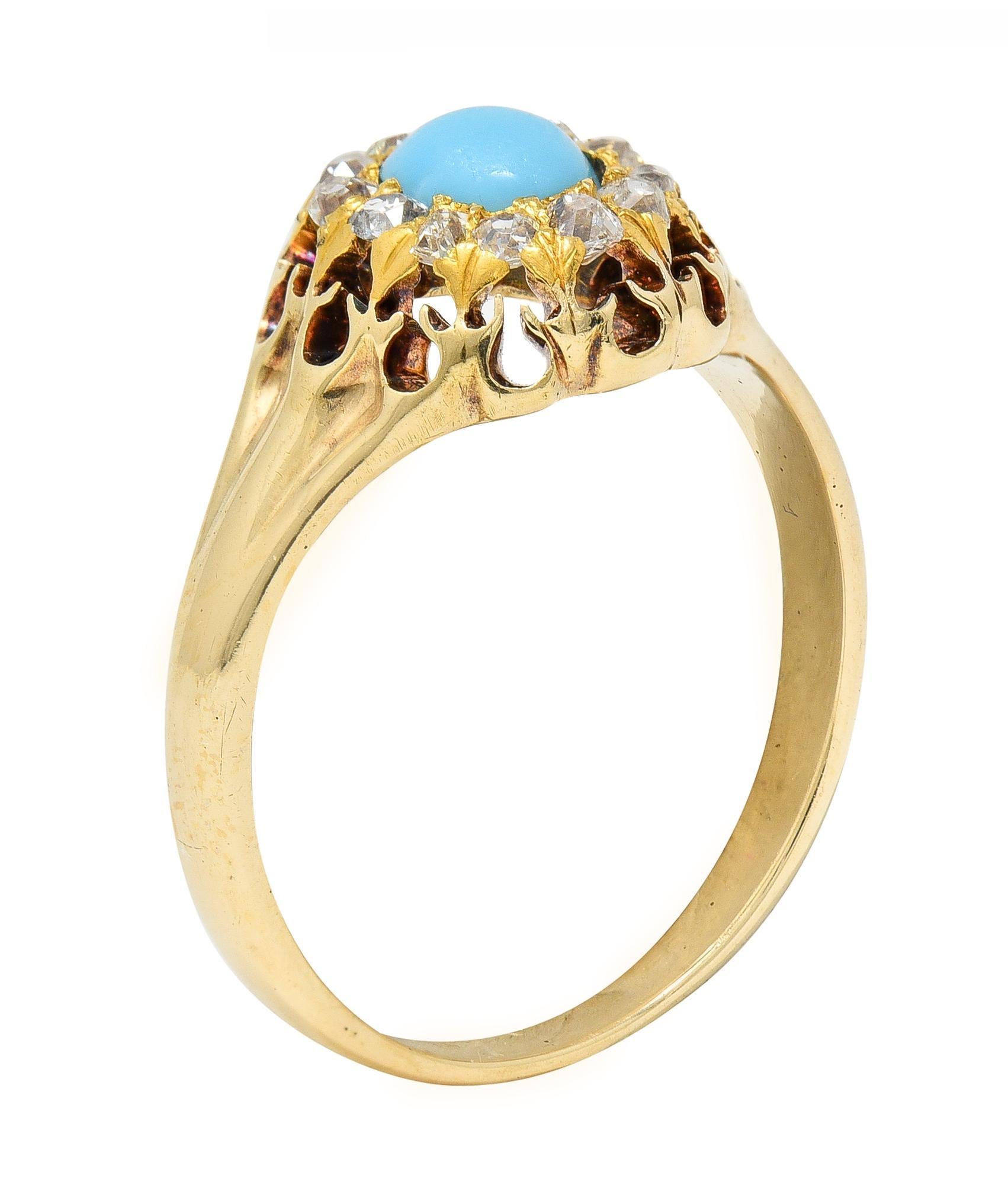 Victorian Old Mine Cut Diamond Turquoise 14 Karat Gold Oak Antique Halo Ring 3