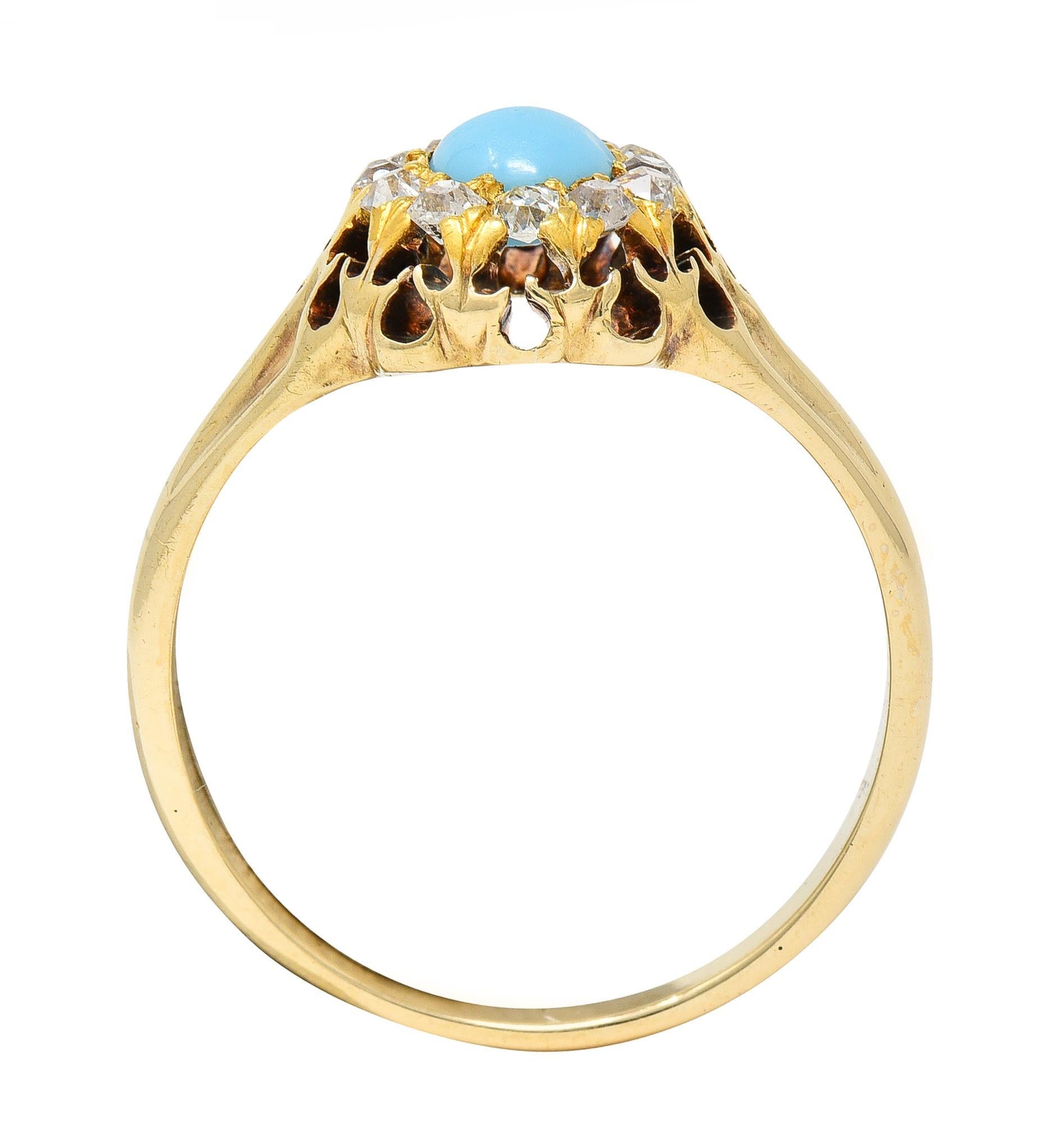 Victorian Old Mine Cut Diamond Turquoise 14 Karat Gold Oak Antique Halo Ring 4