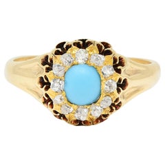 Victorian Old Mine Cut Diamond Turquoise 14 Karat Gold Oak Antique Halo Ring