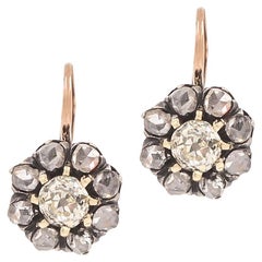 Victorian Old Mine Cut & Rose Cut Diamond Cluster Dangle Earrings