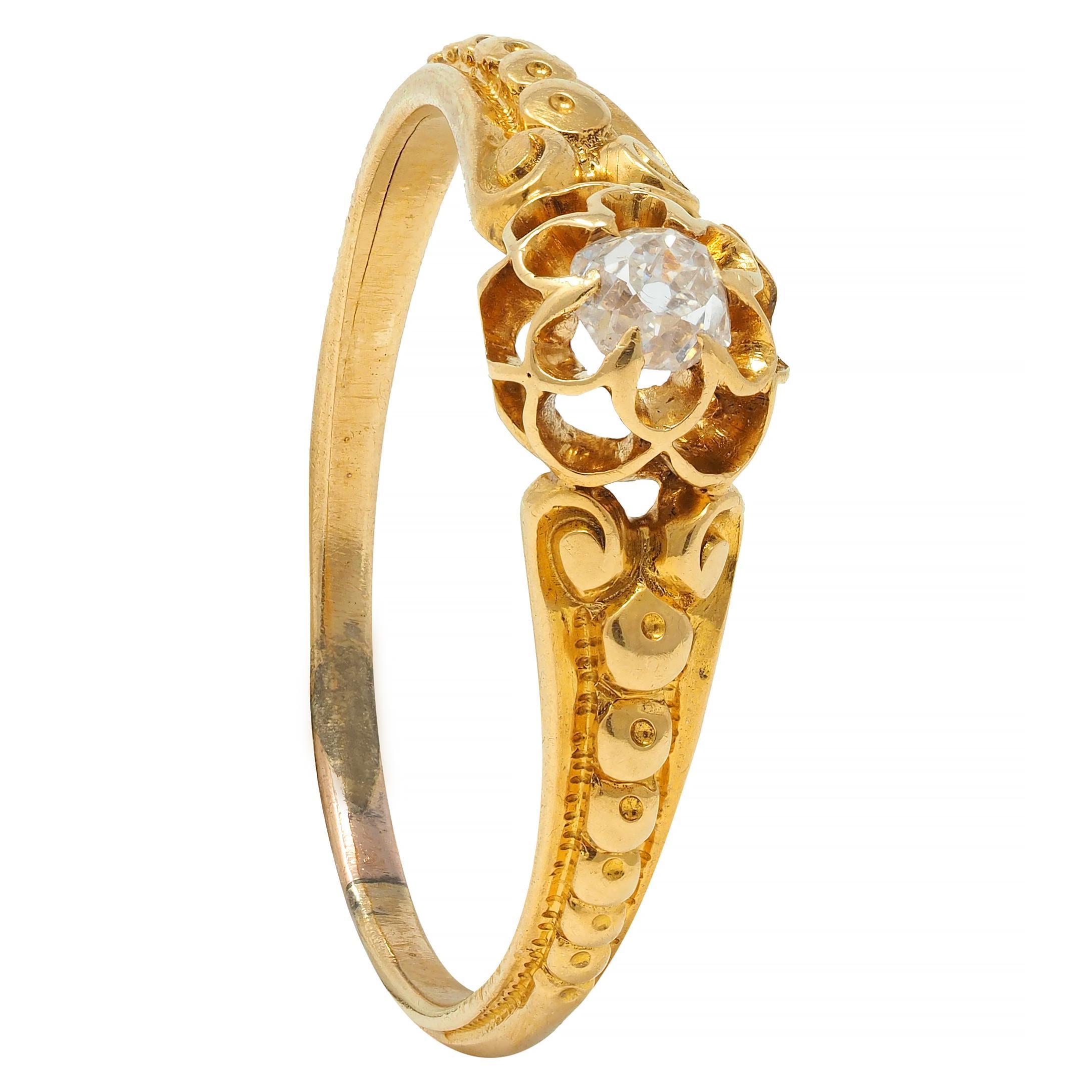 Bague de fiançailles Belcher ancienne victorienne en or jaune 18 carats avec diamants taille vieille mine 6