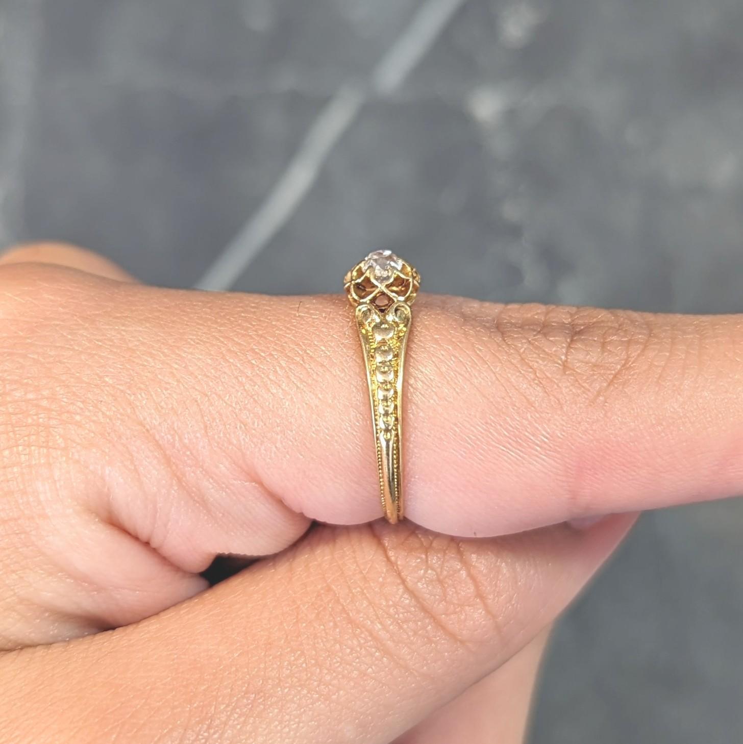 Victorian Old Mine Diamond 18 Karat Yellow Gold Belcher Antique Engagement Ring For Sale 10