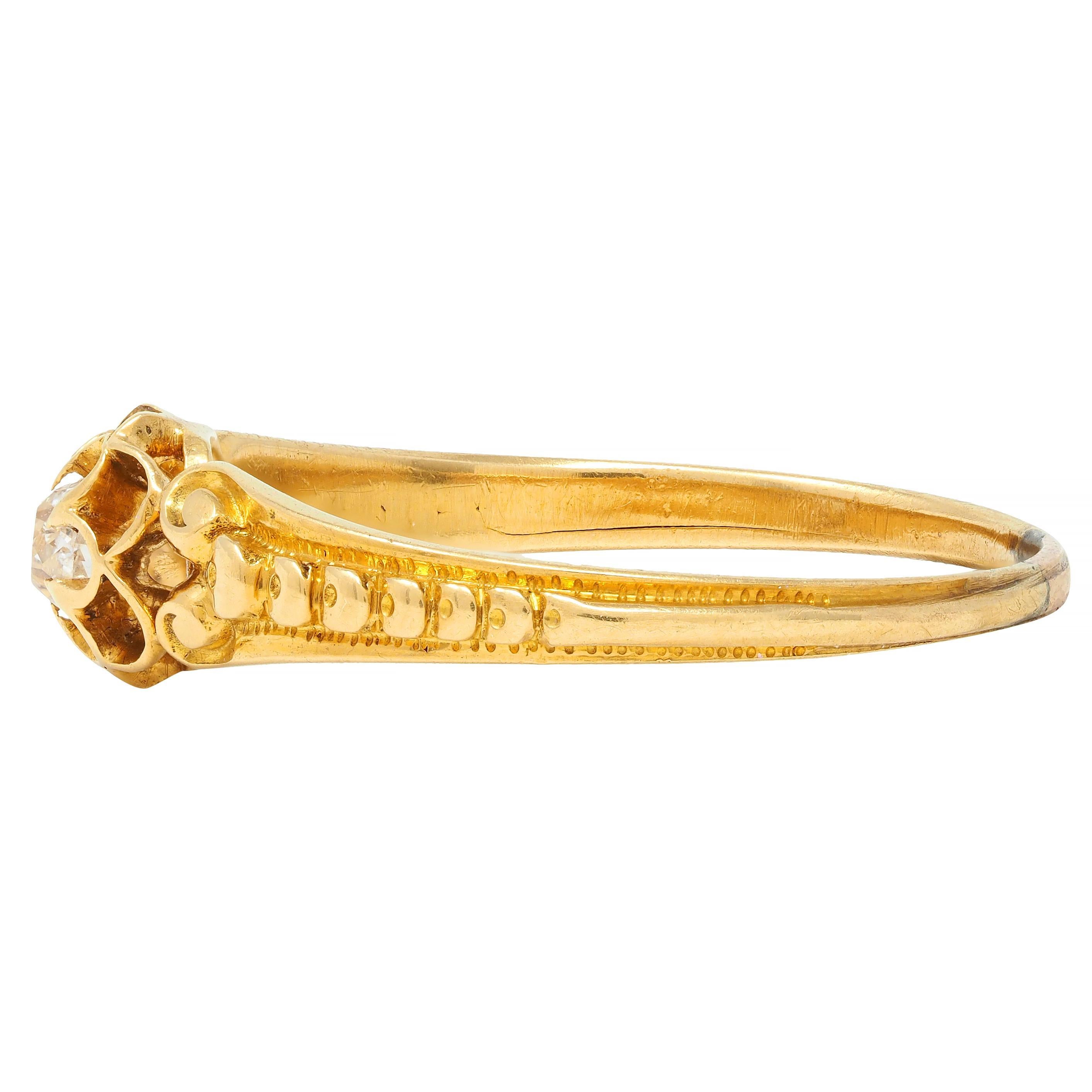 Victorian Old Mine Diamond 18 Karat Yellow Gold Belcher Antique Engagement Ring For Sale 1