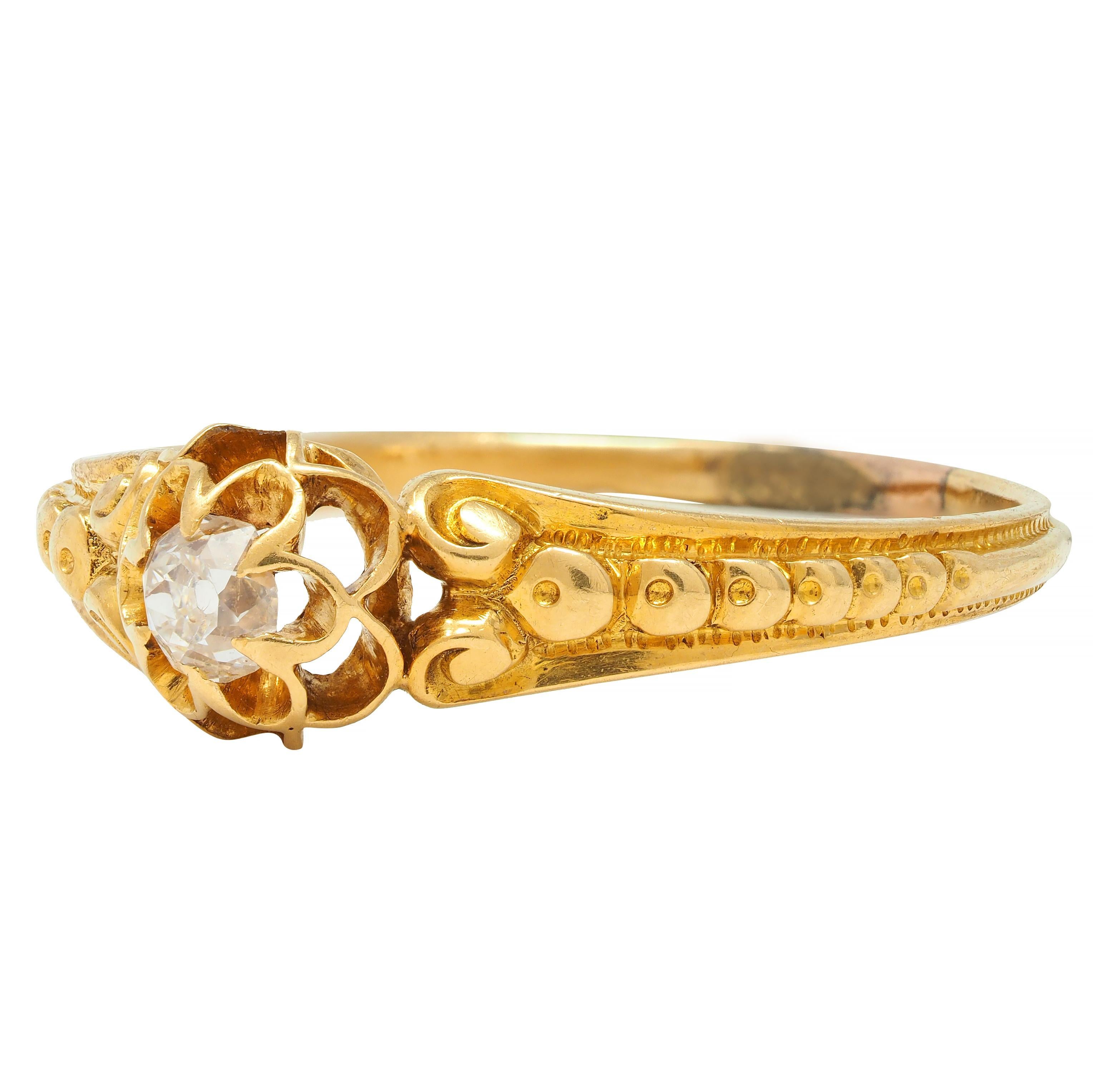 Victorian Old Mine Diamond 18 Karat Yellow Gold Belcher Antique Engagement Ring For Sale 2